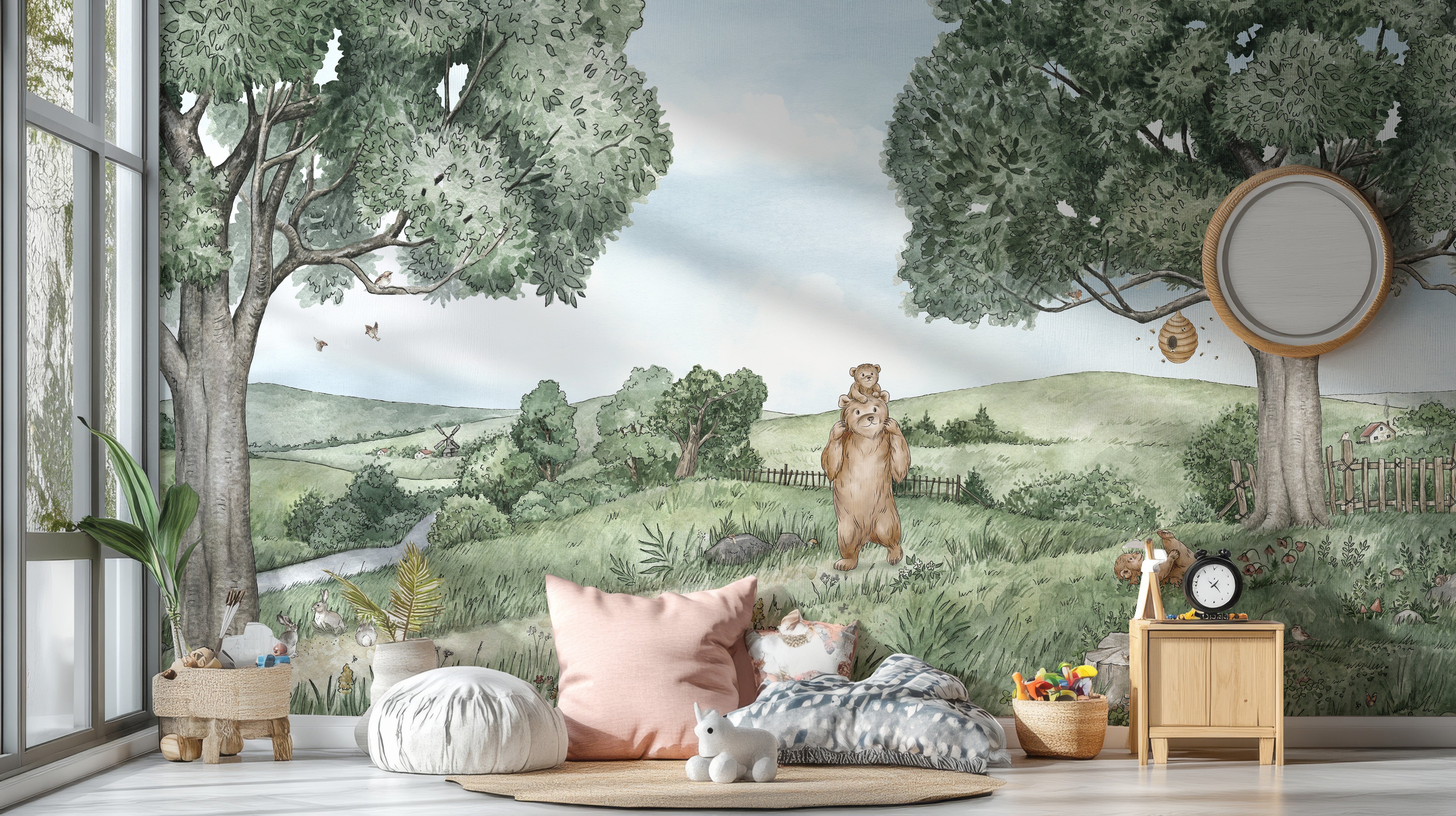 Bear and bees-inspired wallpaper with trees and meadow view