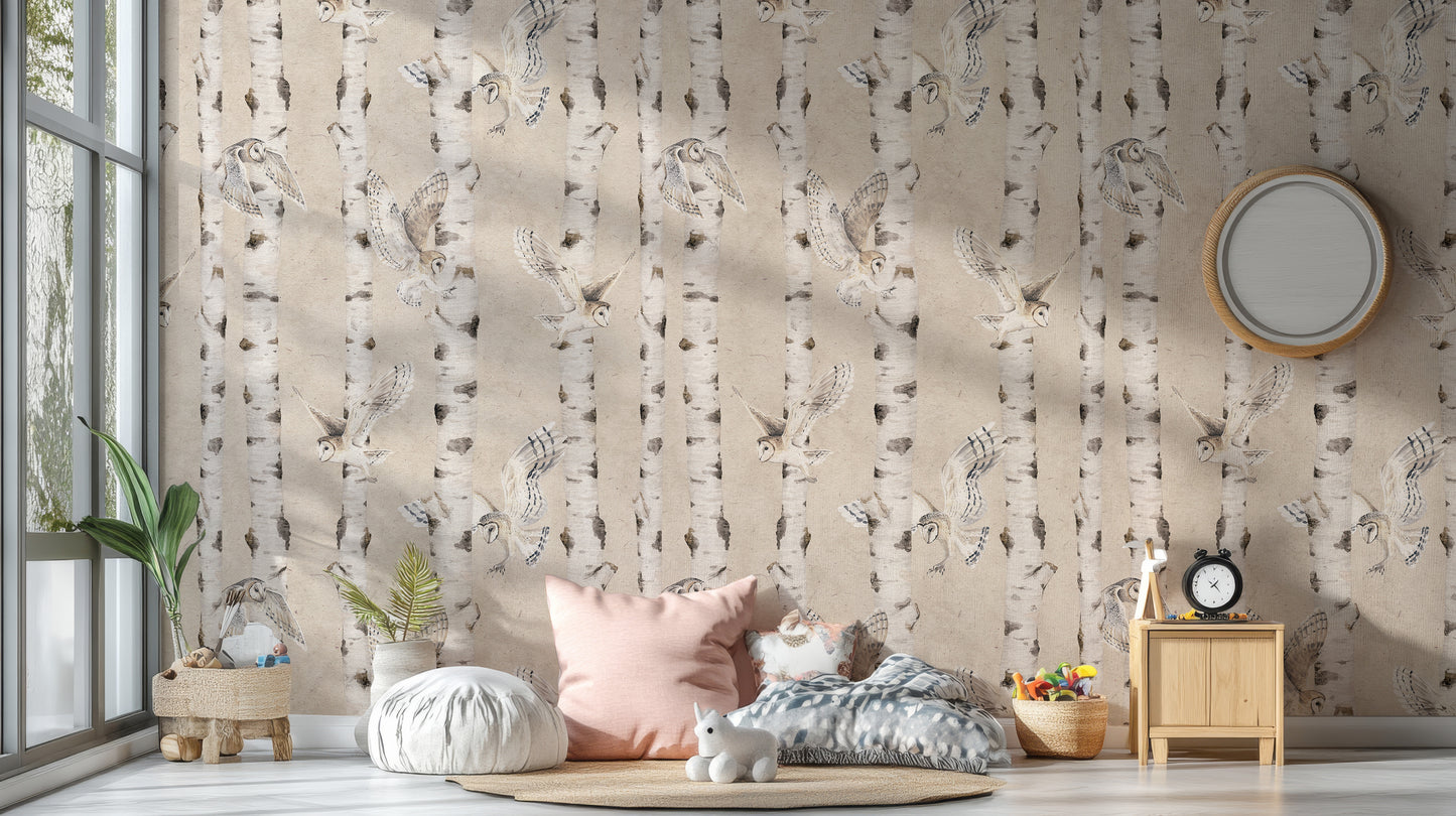 Owl Birch Forest Wallpaper - Beige