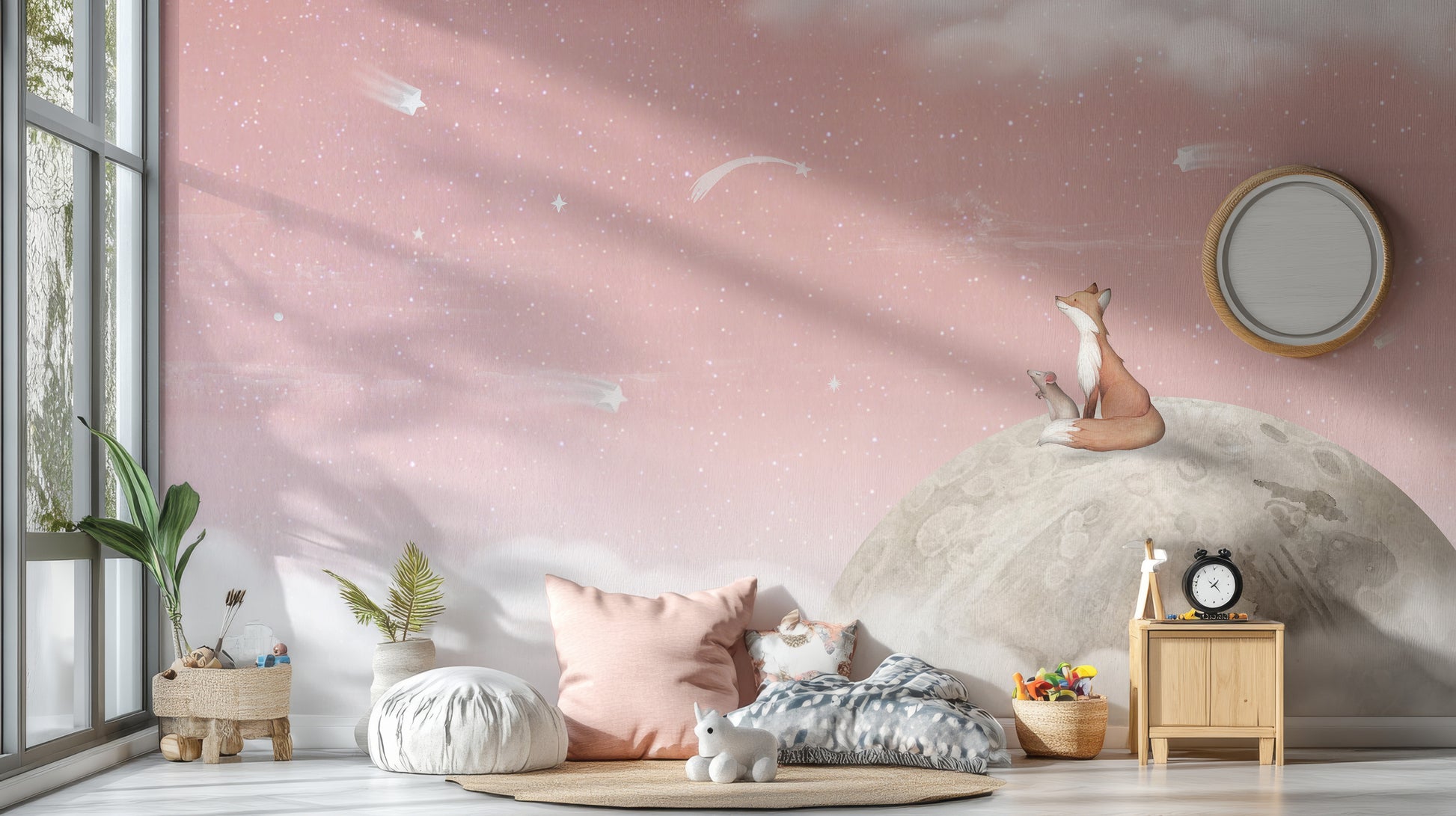 Fox on the Moon Pink Wallpaper Mural for kids