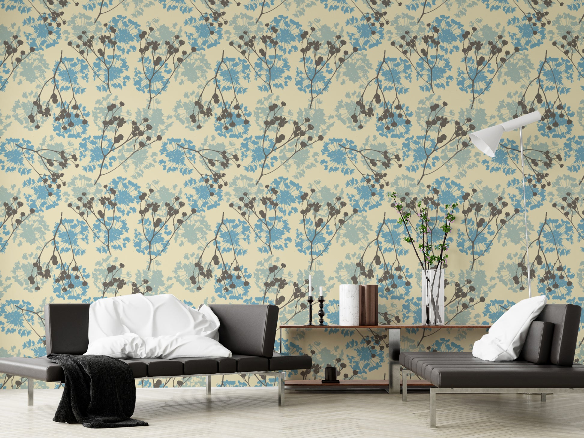 Sophisticated floral wallpaper mural with soft floral accents.
