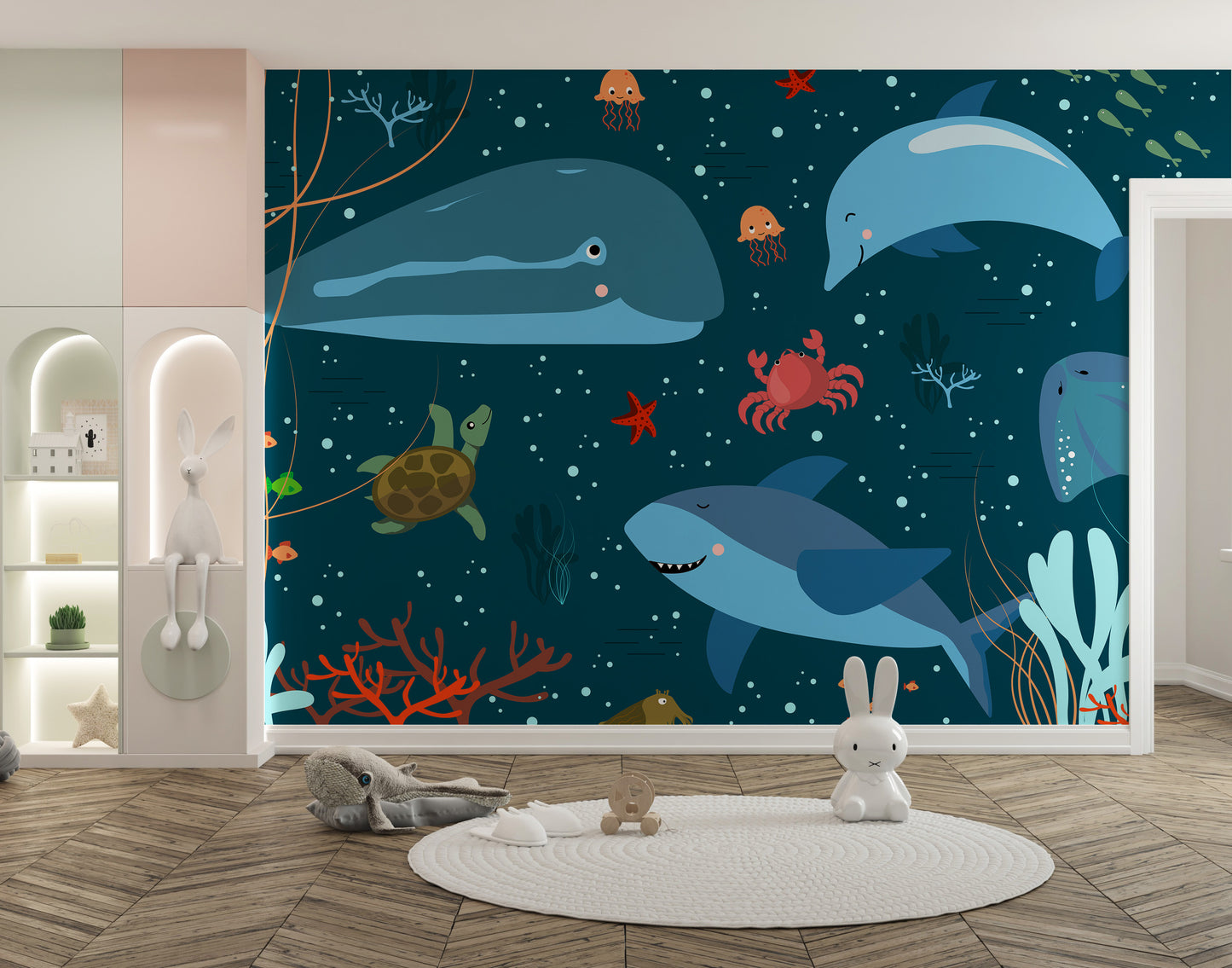 Blue Underwater Cartoon Whales Kids Room Wallpaper Murals