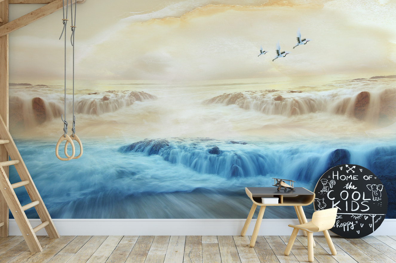 Elegant peel-and-stick mural featuring cranes and misty mountains.
