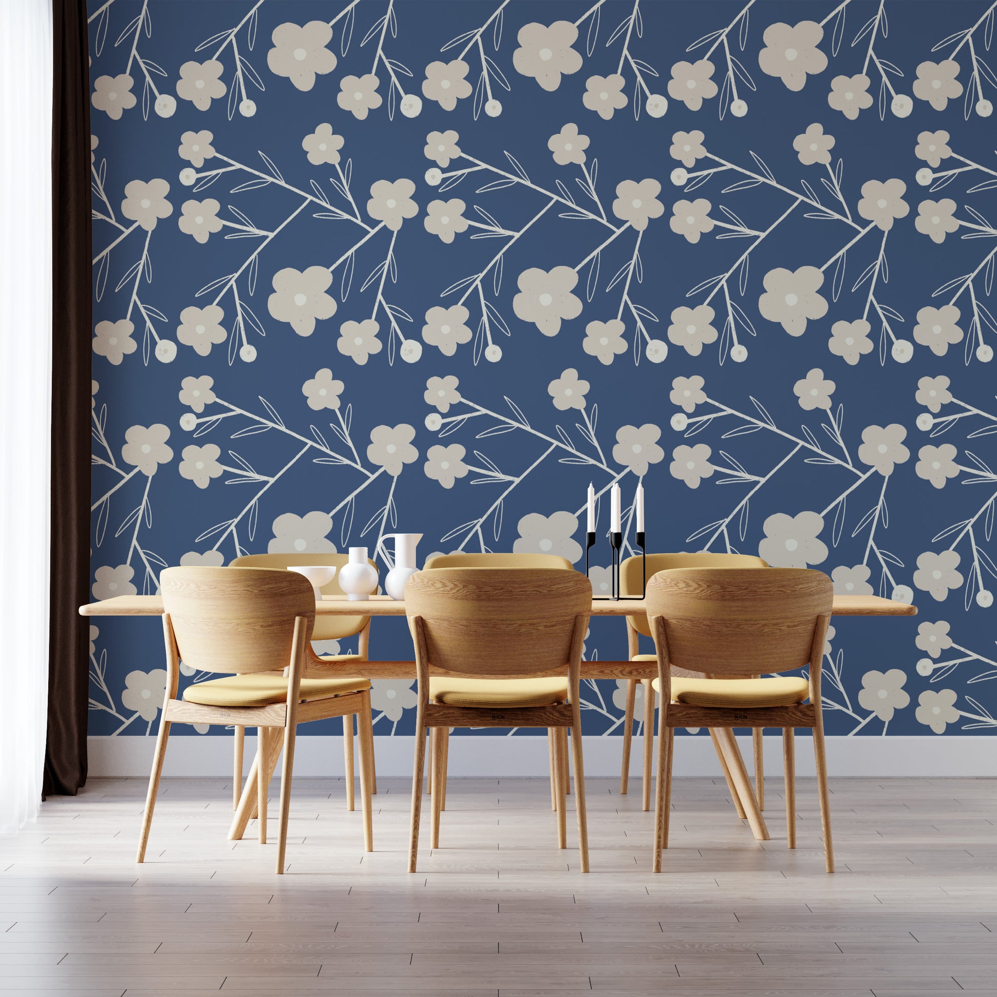 Navy Blue Modern Flower Buds Bush Wallpaper design
