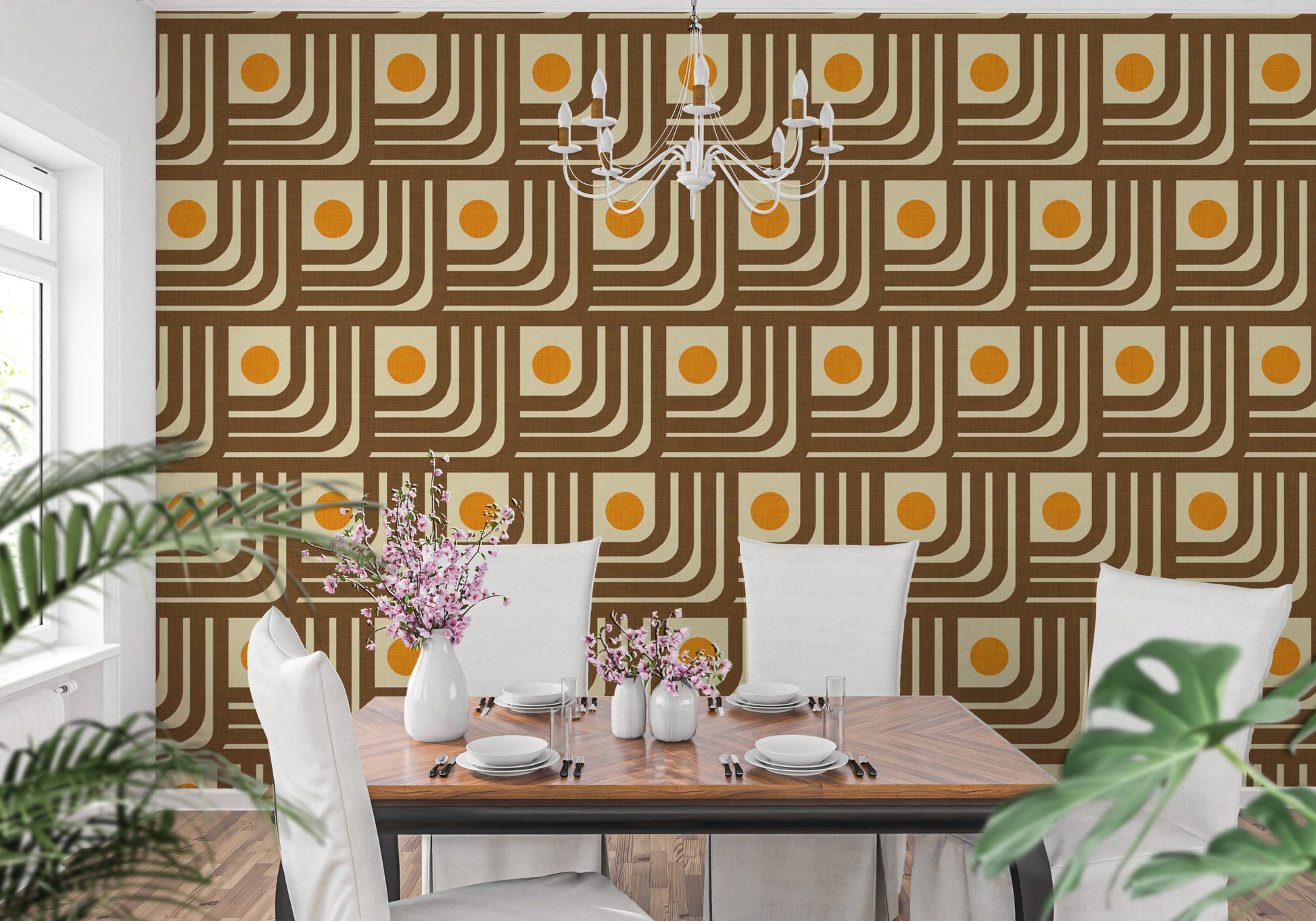 Elegant 70s Curve Lines Brown Orange Wallpaper