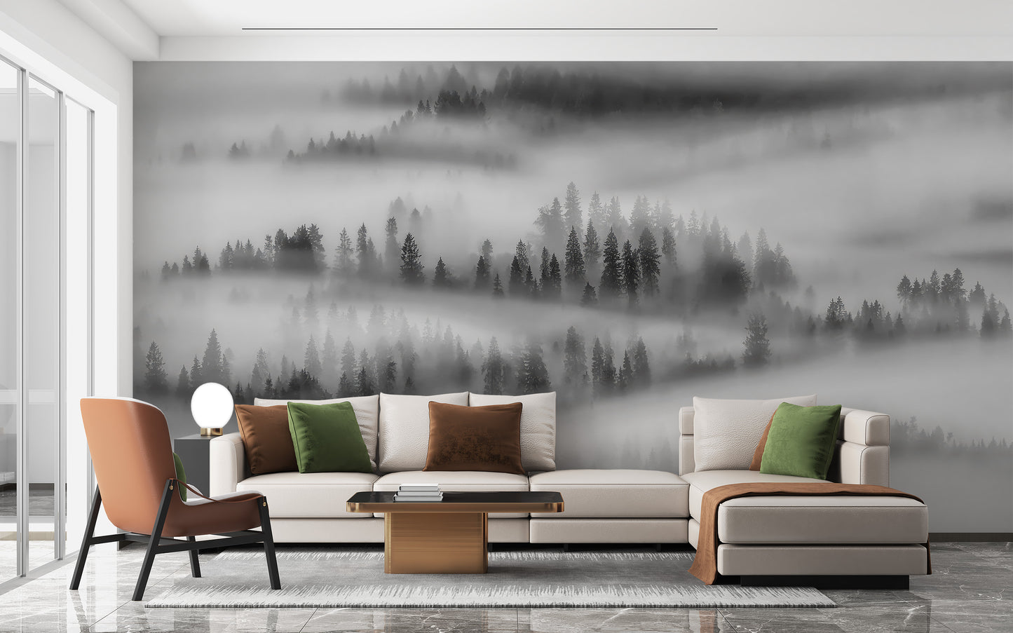 Black and white foggy forest wallpaper for living rooms