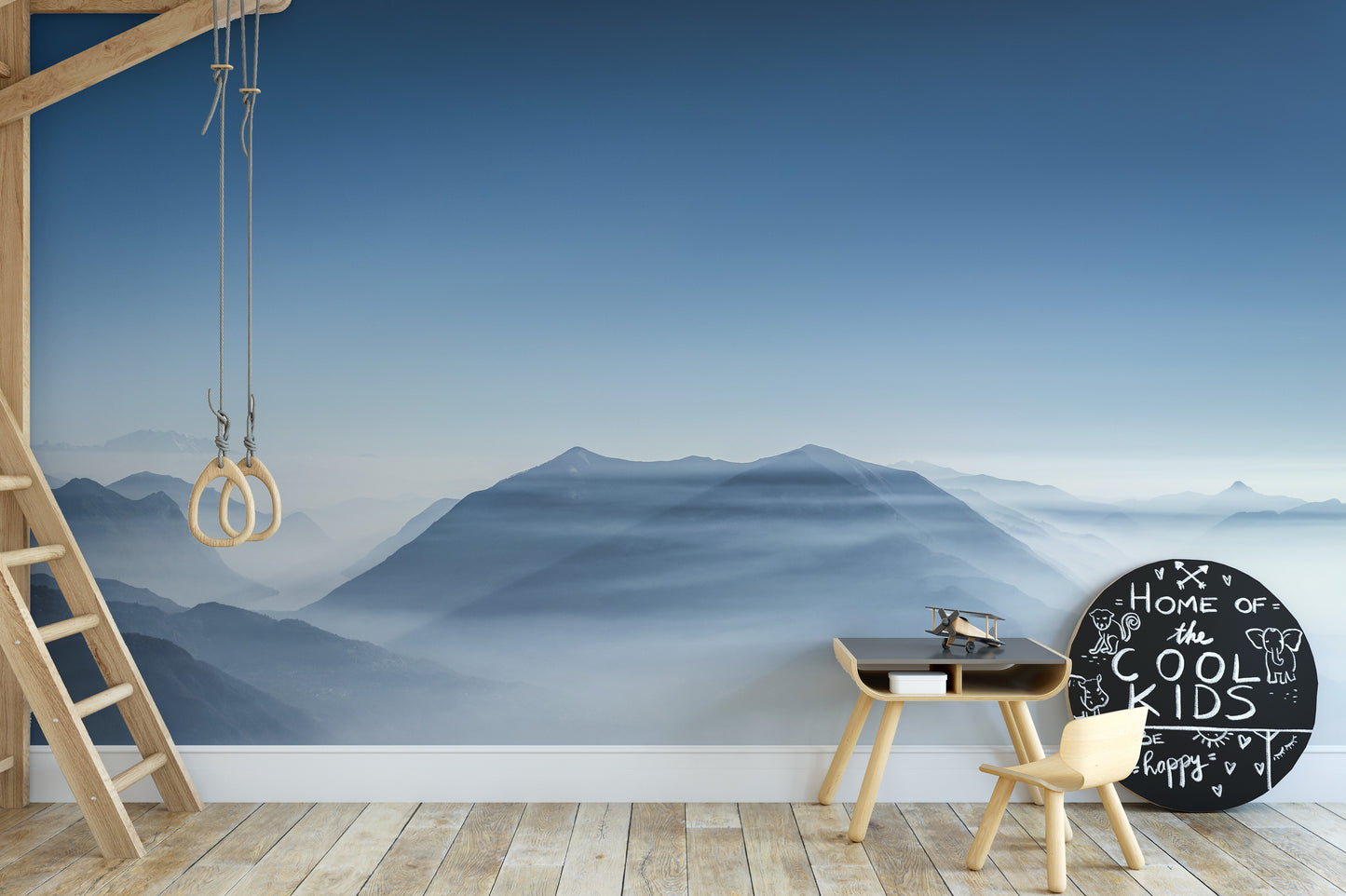 Elegant azure hilltop mural creating a serene outdoor vibe.
