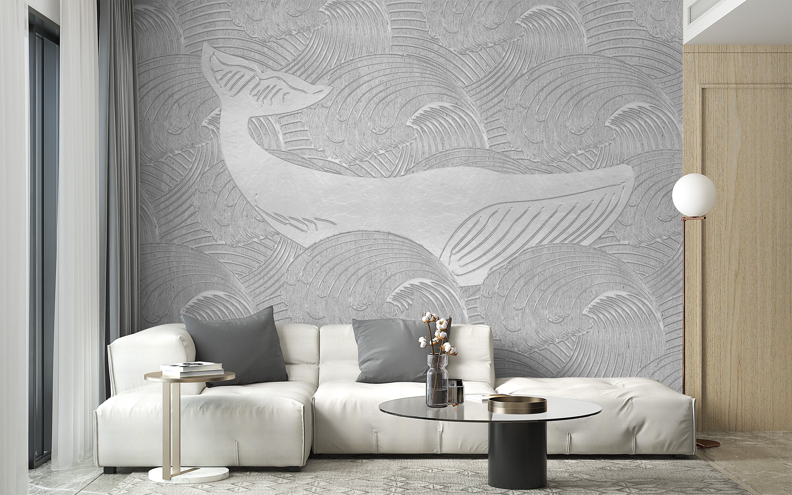 Playful silver whale mural for kids' wall decoration.