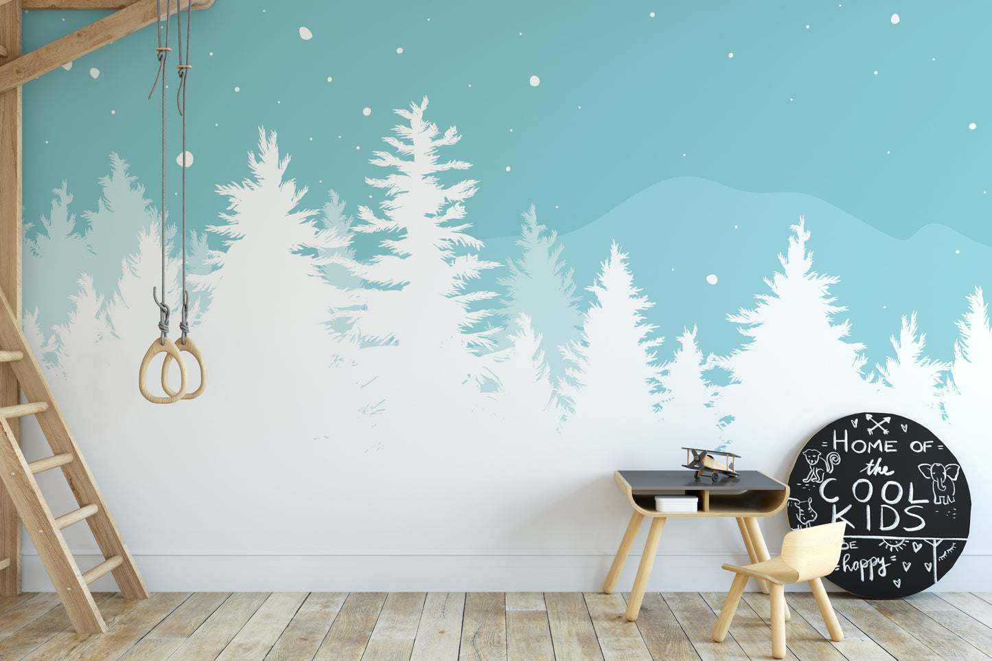 Frosted Christmas tree wallpaper mural for festive wall decor.
