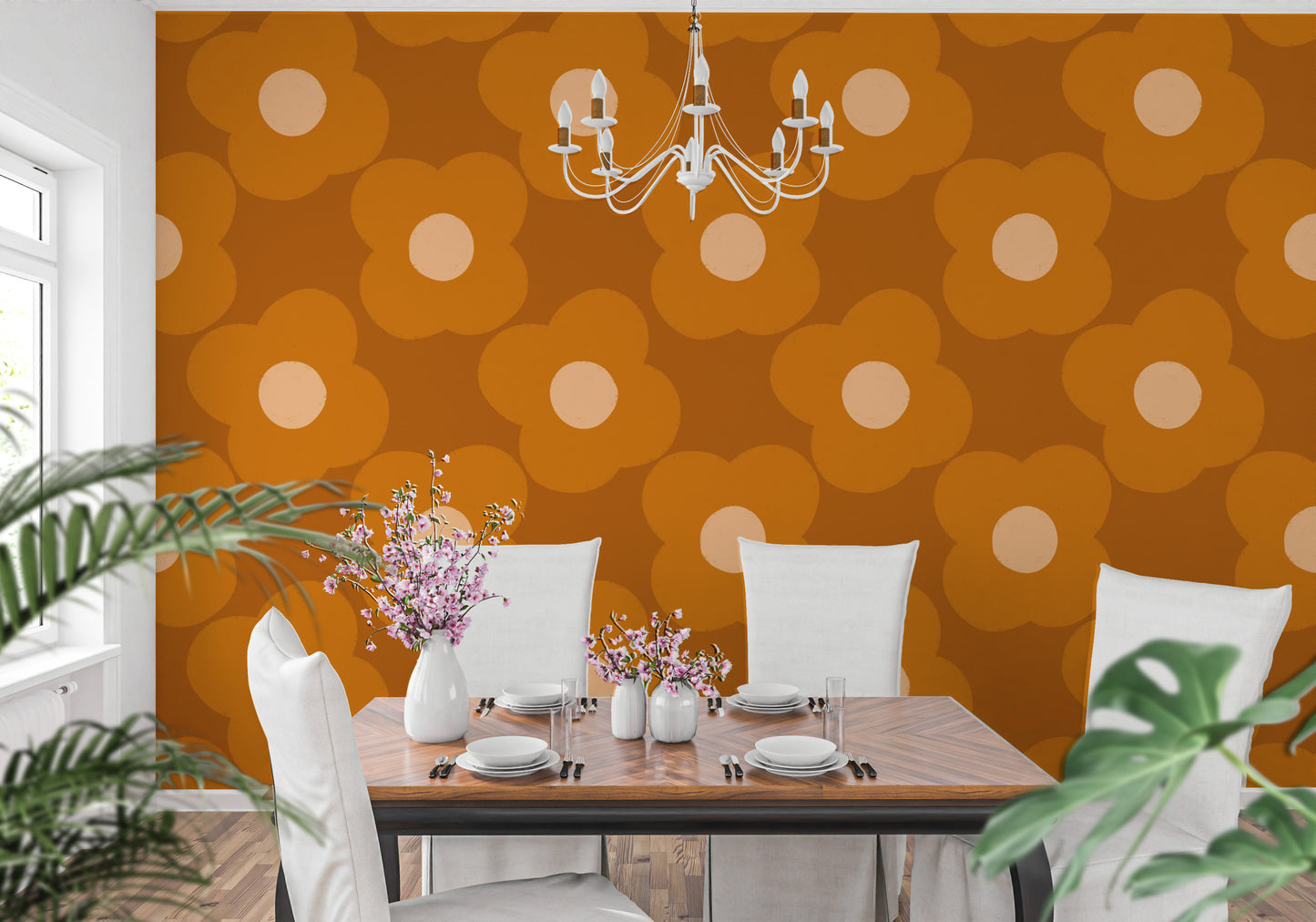 Warm rust orange daisy wallpaper for chic walls
