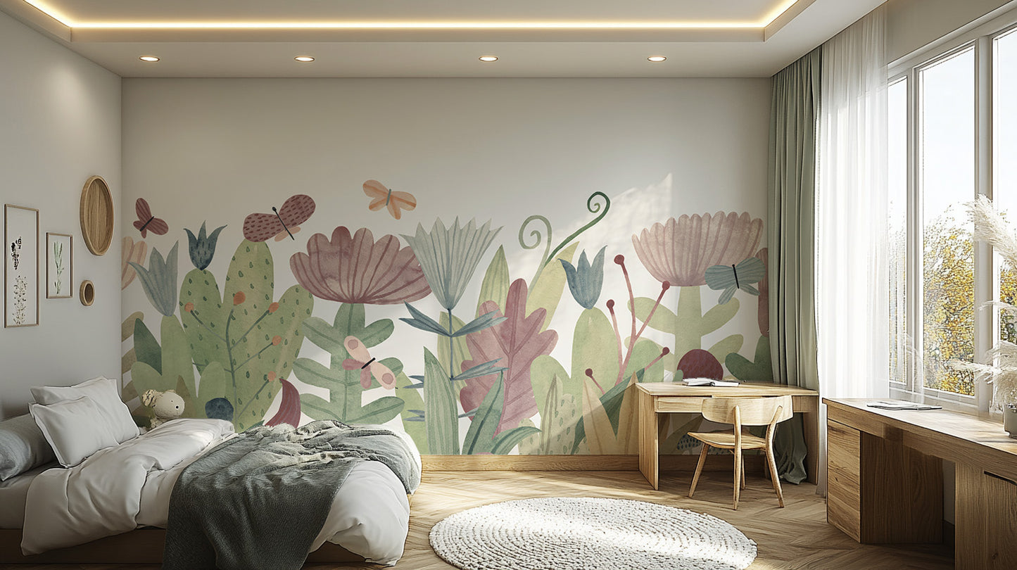 Serene watercolor wildflower wall mural for living room walls.