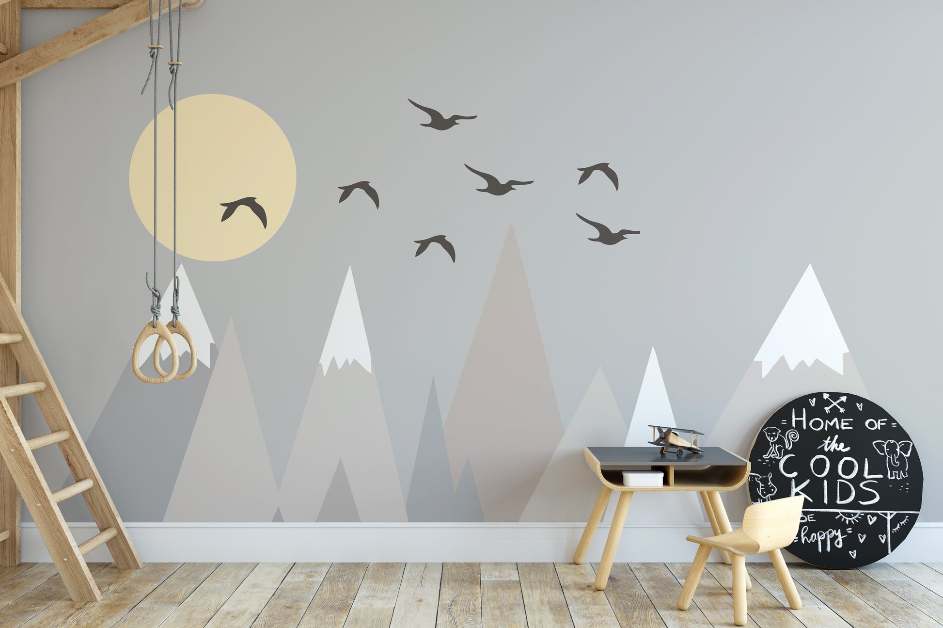 Glorious mountain landscape mural in shades of grey for decor.
