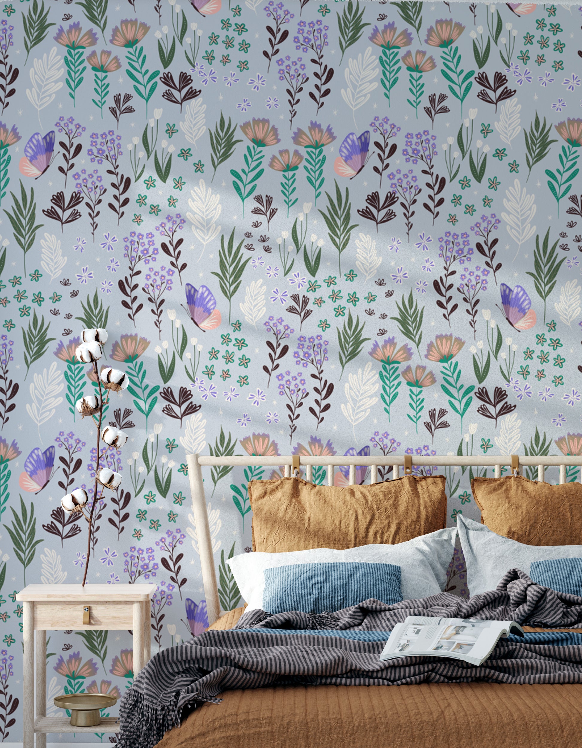 Vibrant butterfly meadow wallpaper in lush purple hues.