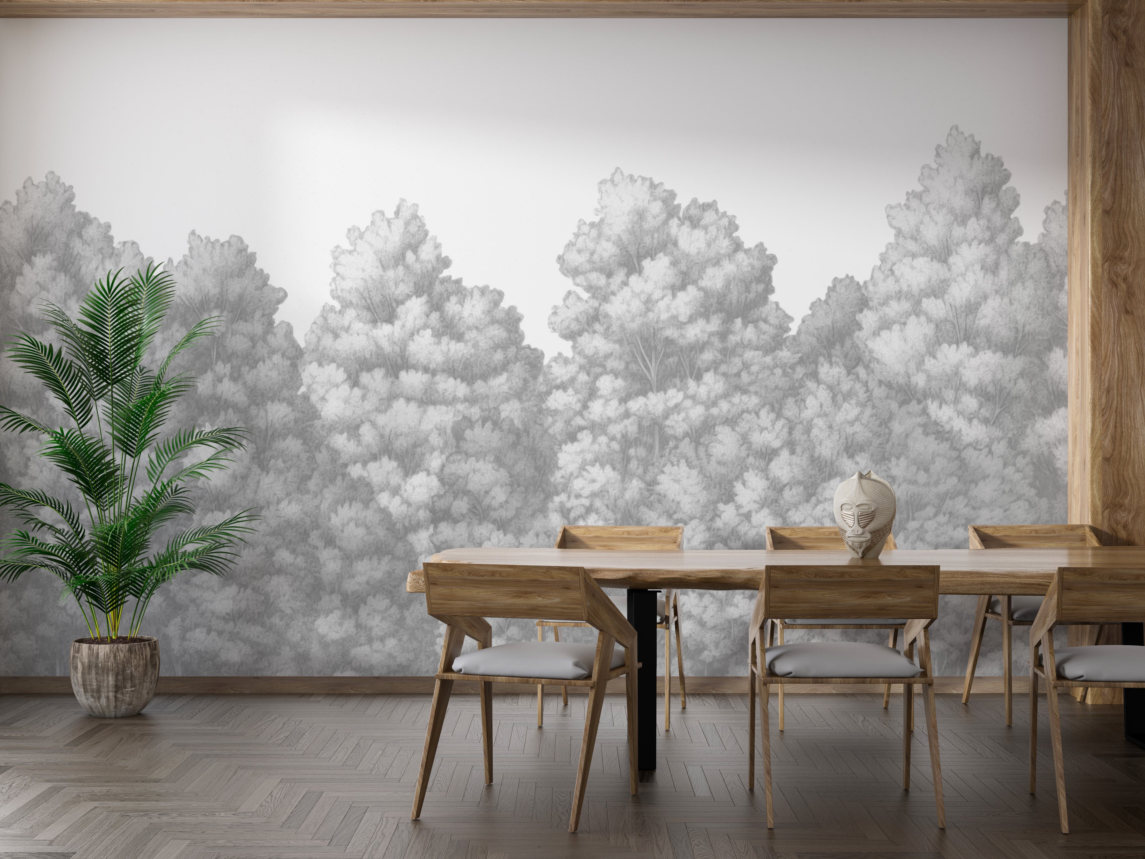 Neutral grey forest wallpaper with trees