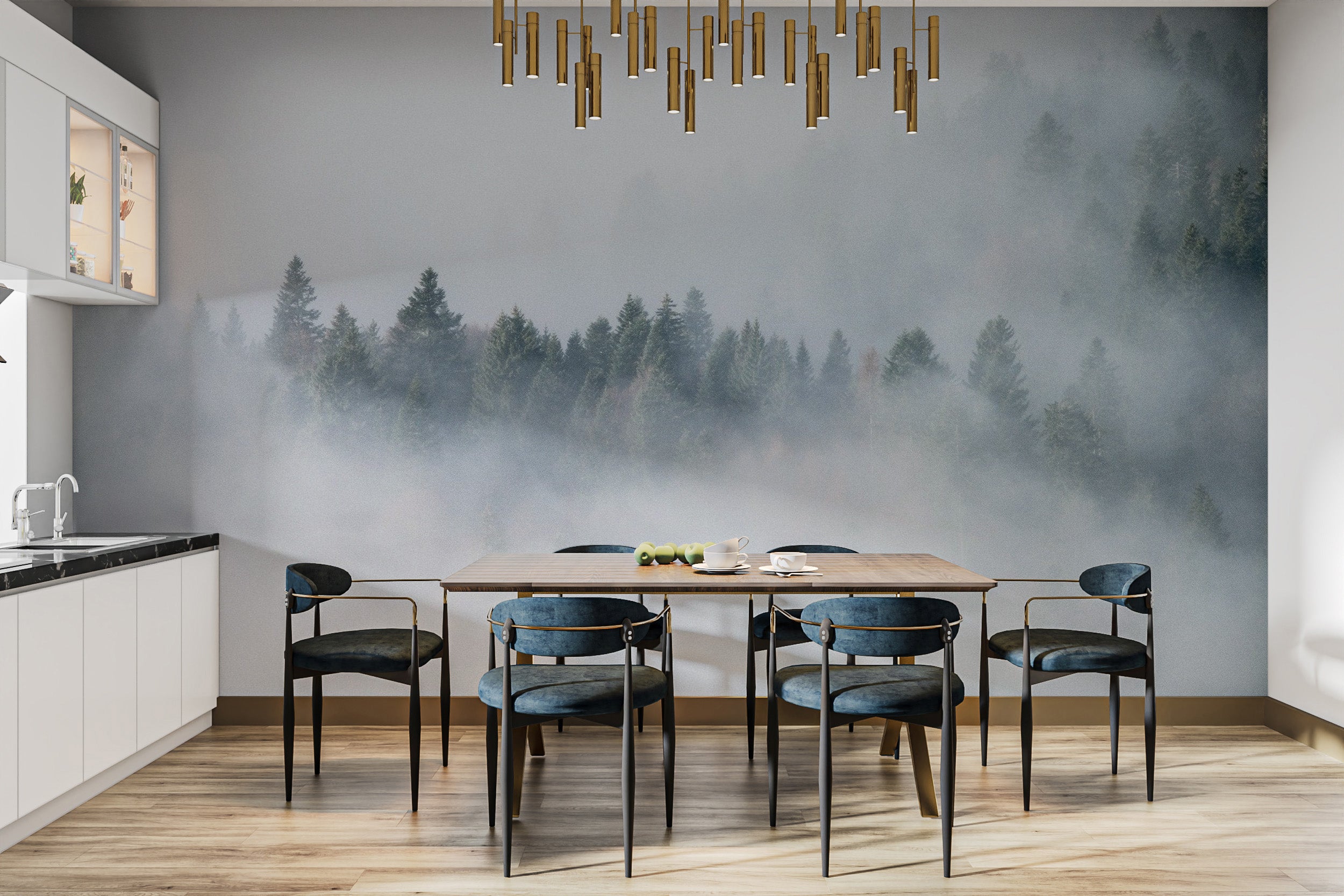 Pine forest wallpaper mural with dense fog
