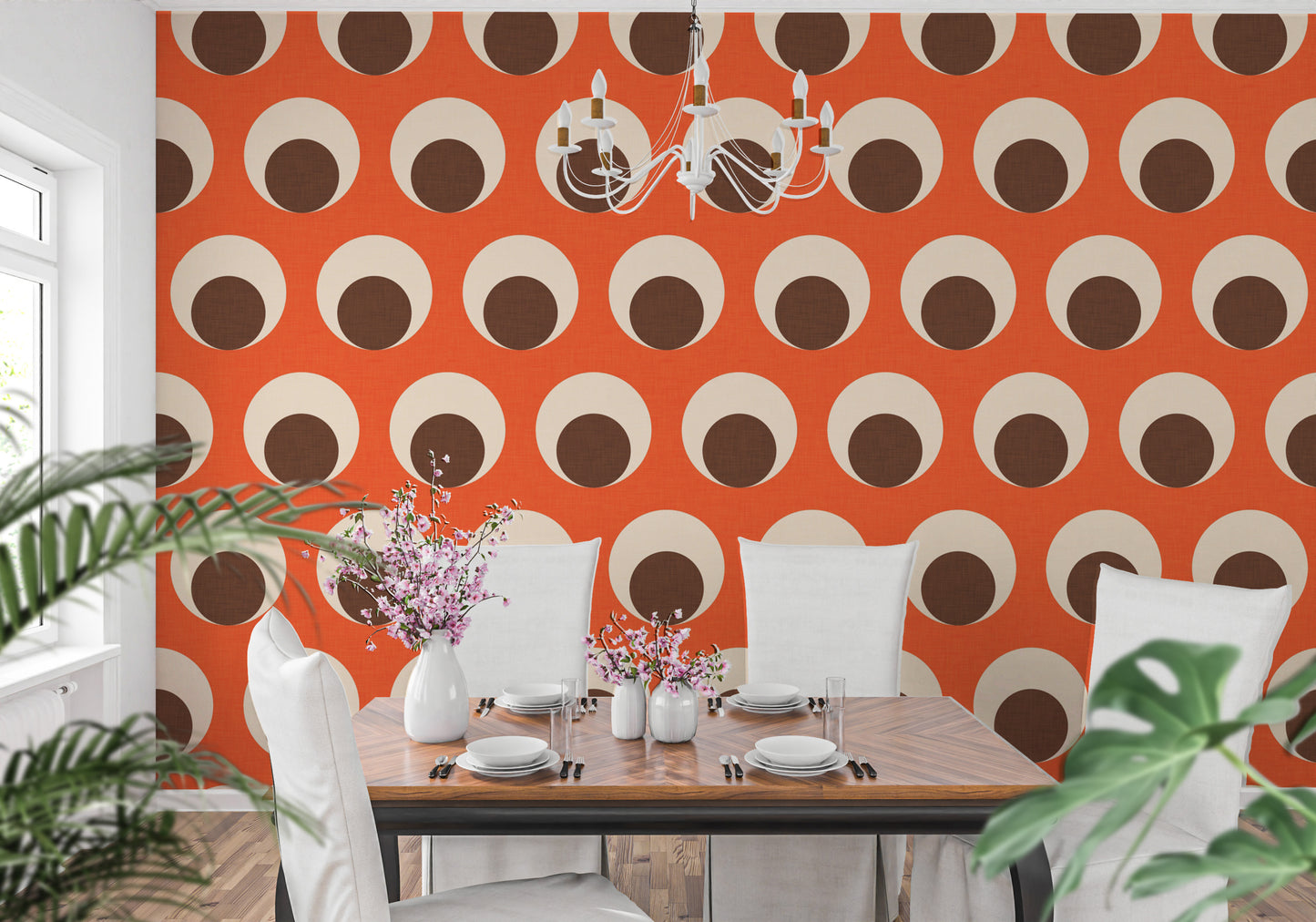 Playful dot wallpaper in vibrant orange tones
