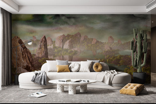 Dramatic Chinese landscape green wallpaper for a serene decor.