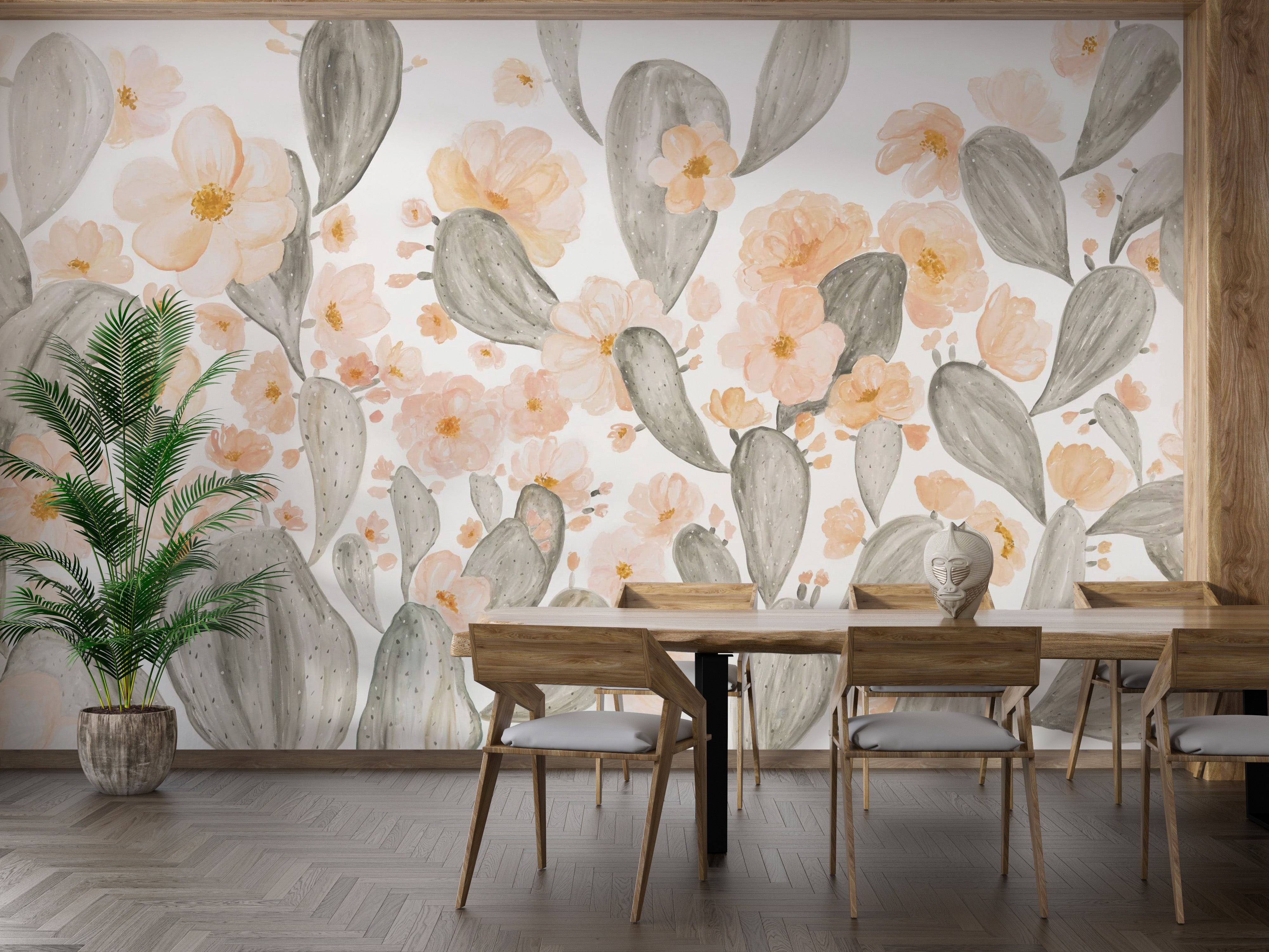 Cactus and floral wallpaper mural in watercolour
