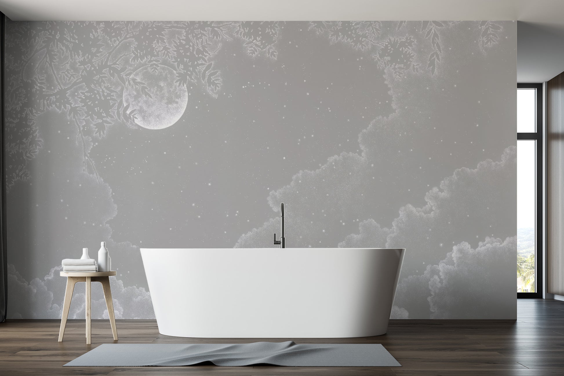 Mystical starry night mural with moon and soft clouds
