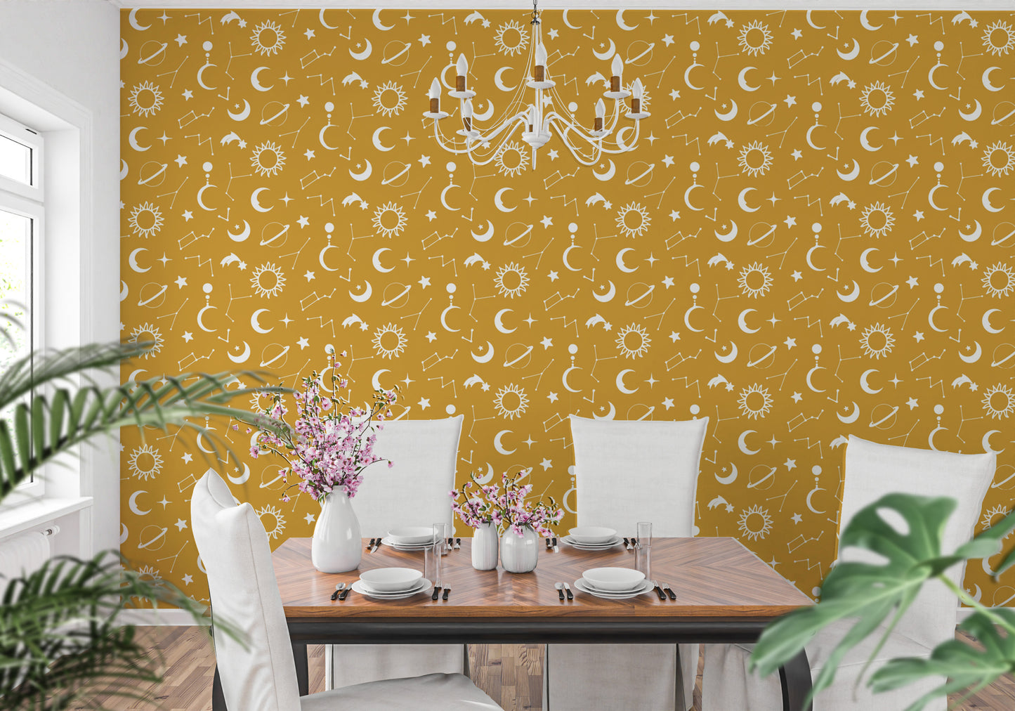 Dreamy yellow mural featuring stars and moons
