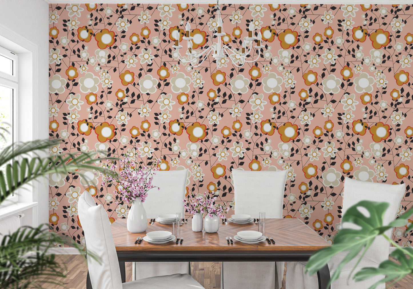 Light pink wallpaper featuring floral patterns
