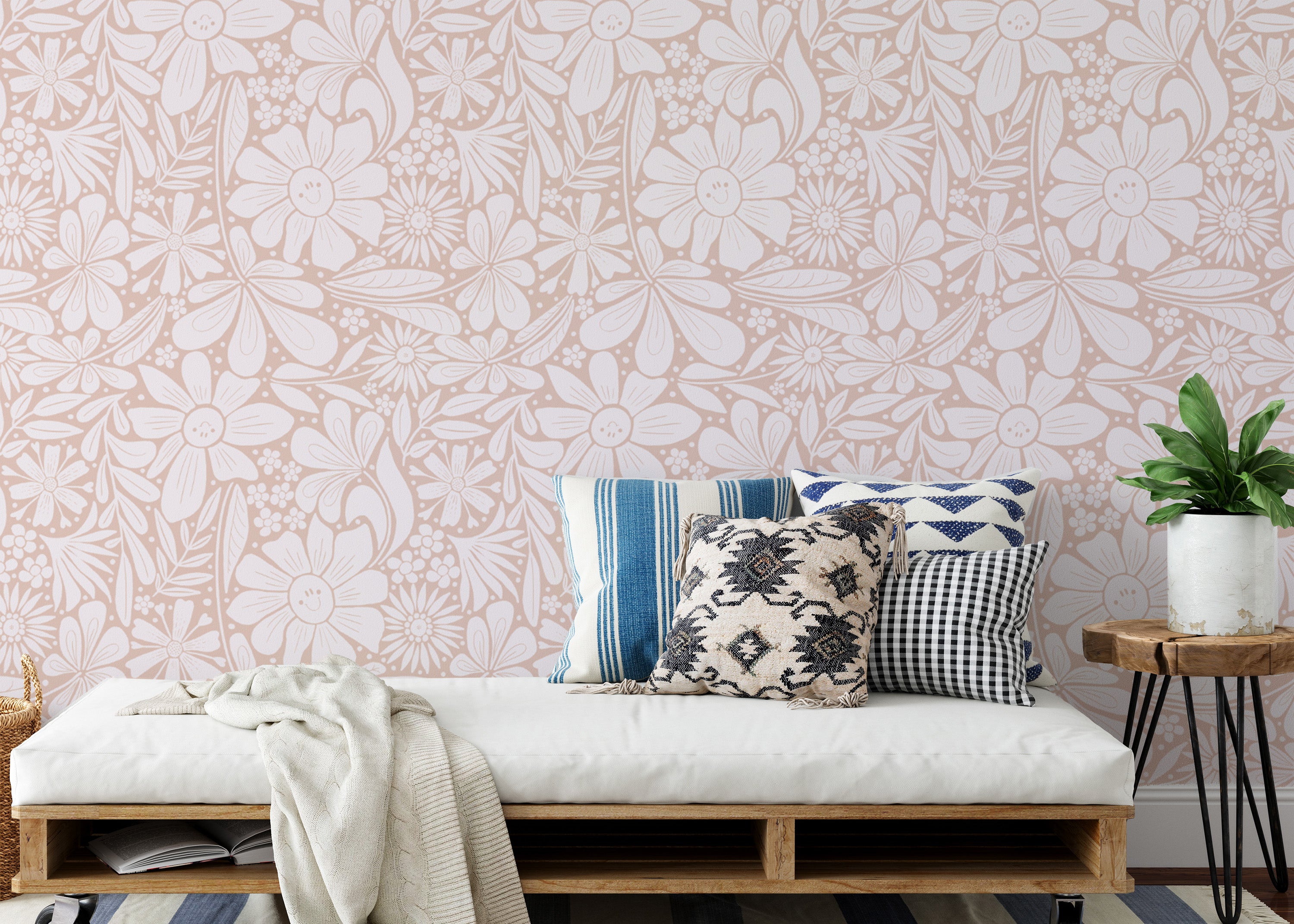 Chic wallpaper featuring blooming happy flowers in pastel pink.
