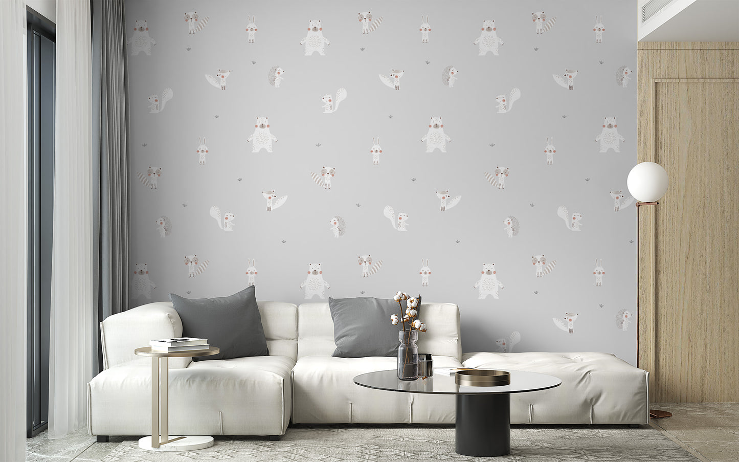 Cream woodland animals wallpaper for timeless nursery decor.
