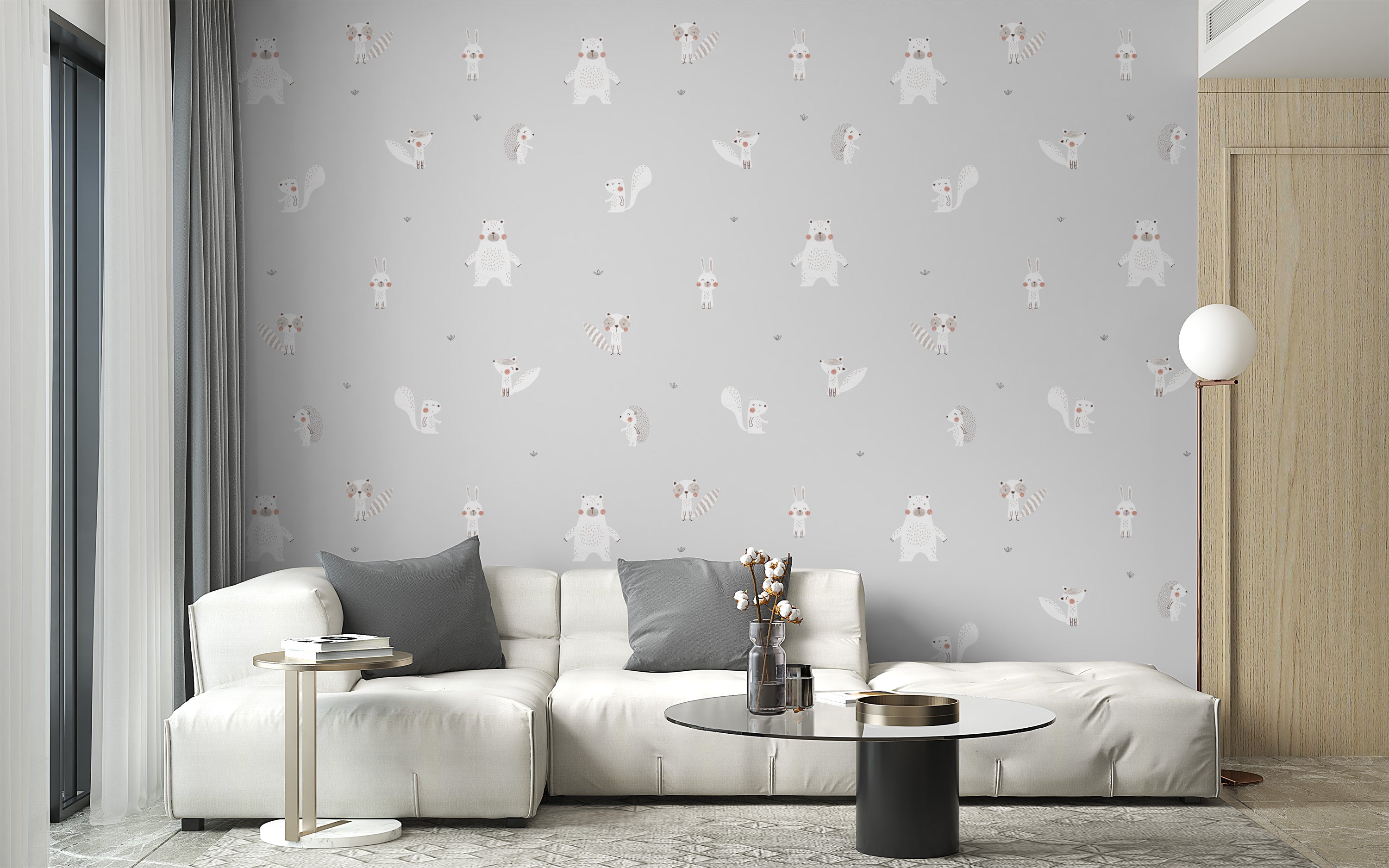 Cream woodland animals wallpaper for timeless nursery decor.
