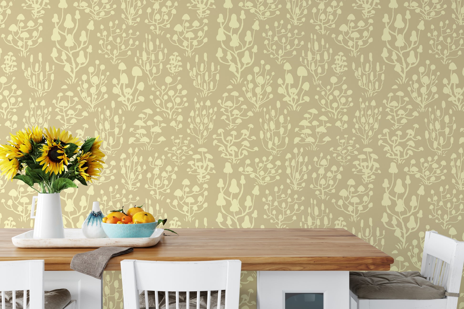 Playful yellow ditsy mushroom wallpaper for lively wall decor.
