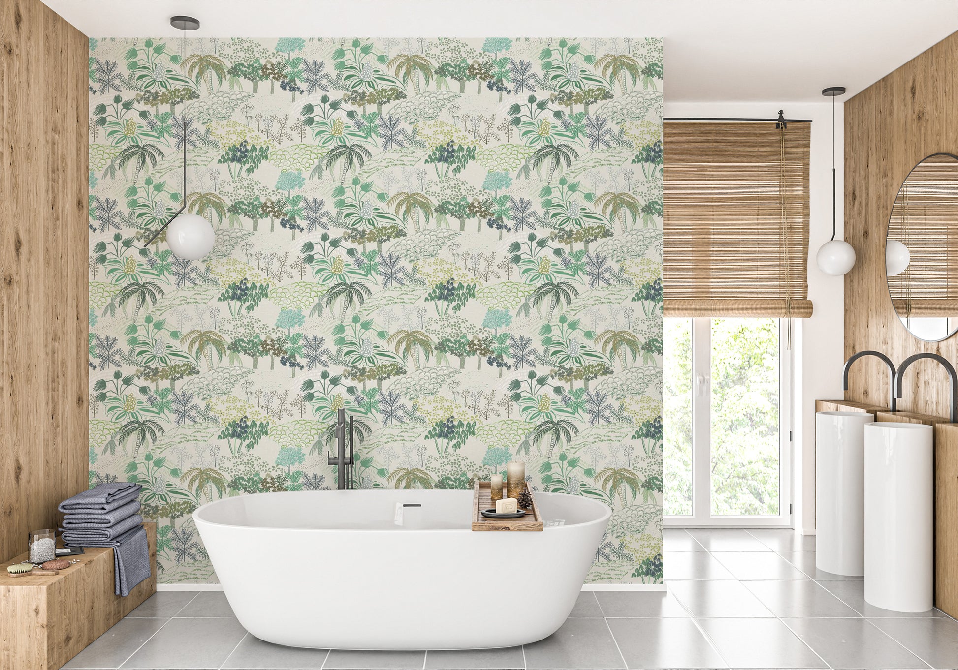 Artistic green wallpaper with harmonious details