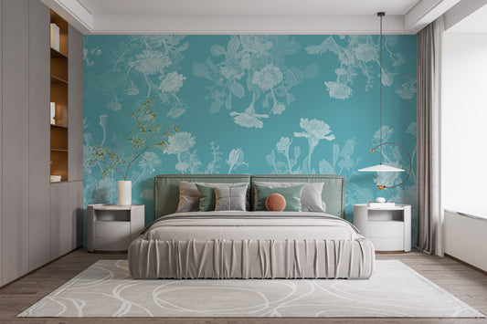 Blue flowers wallpaper mural for a serene and peaceful bedroom.