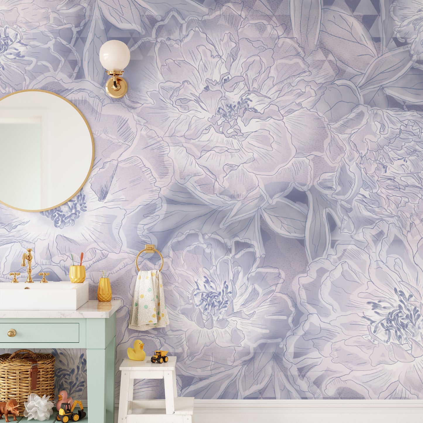 Pastel lavender wallpaper featuring peony and geometric details
