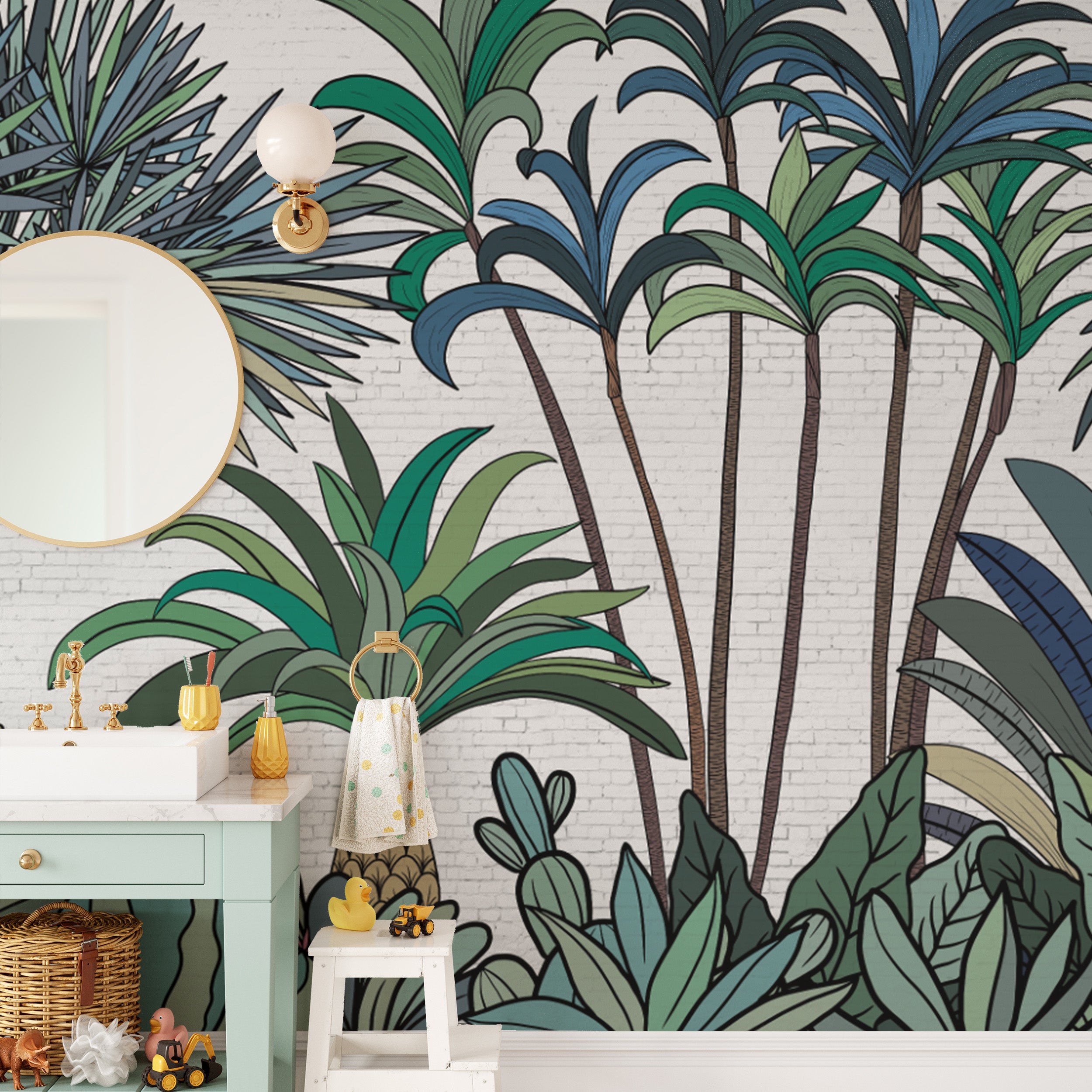 Vibrant palm tree and cactus wallpaper design
