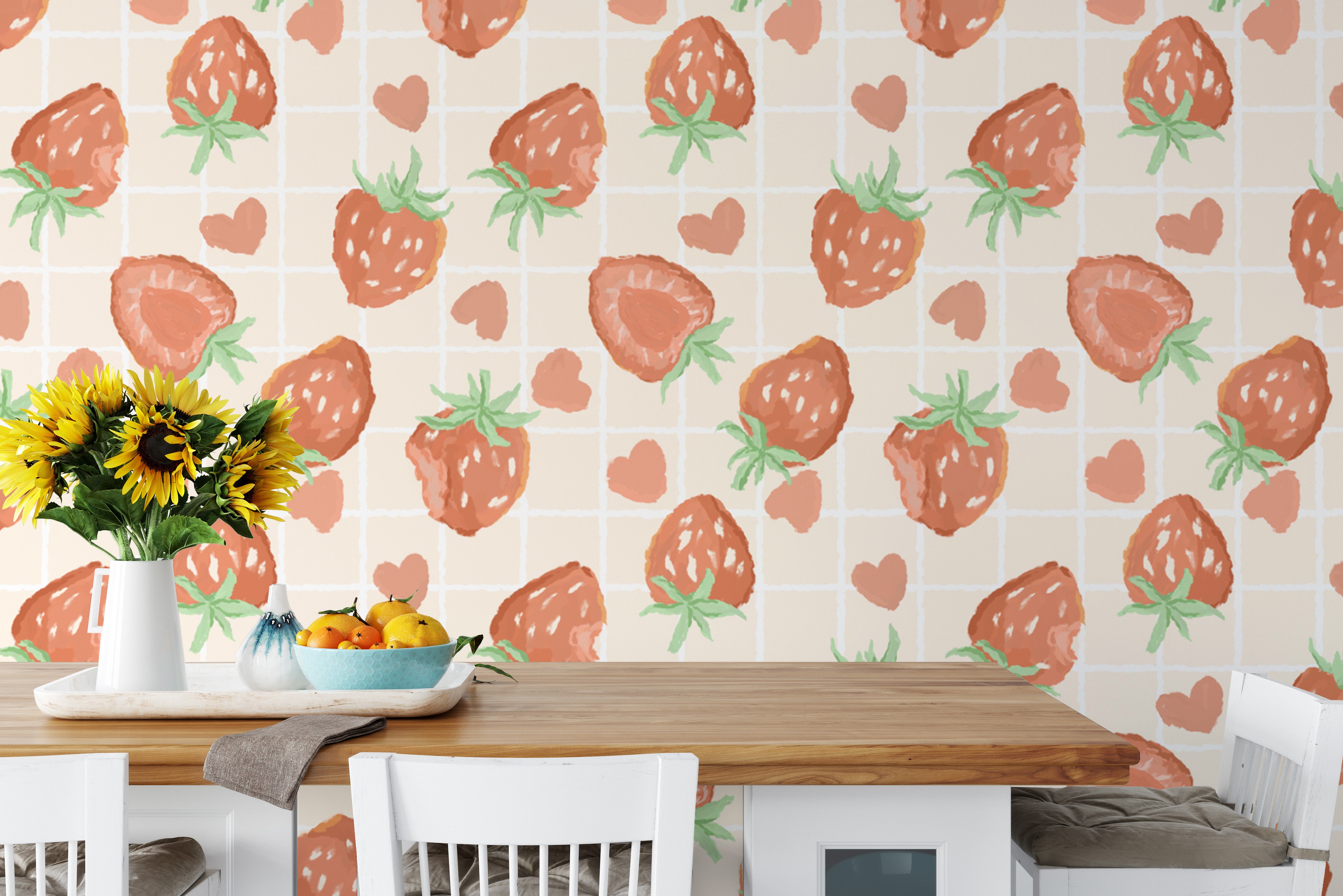 Sweet heartful strawberries wallpaper mural for charming interiors.
