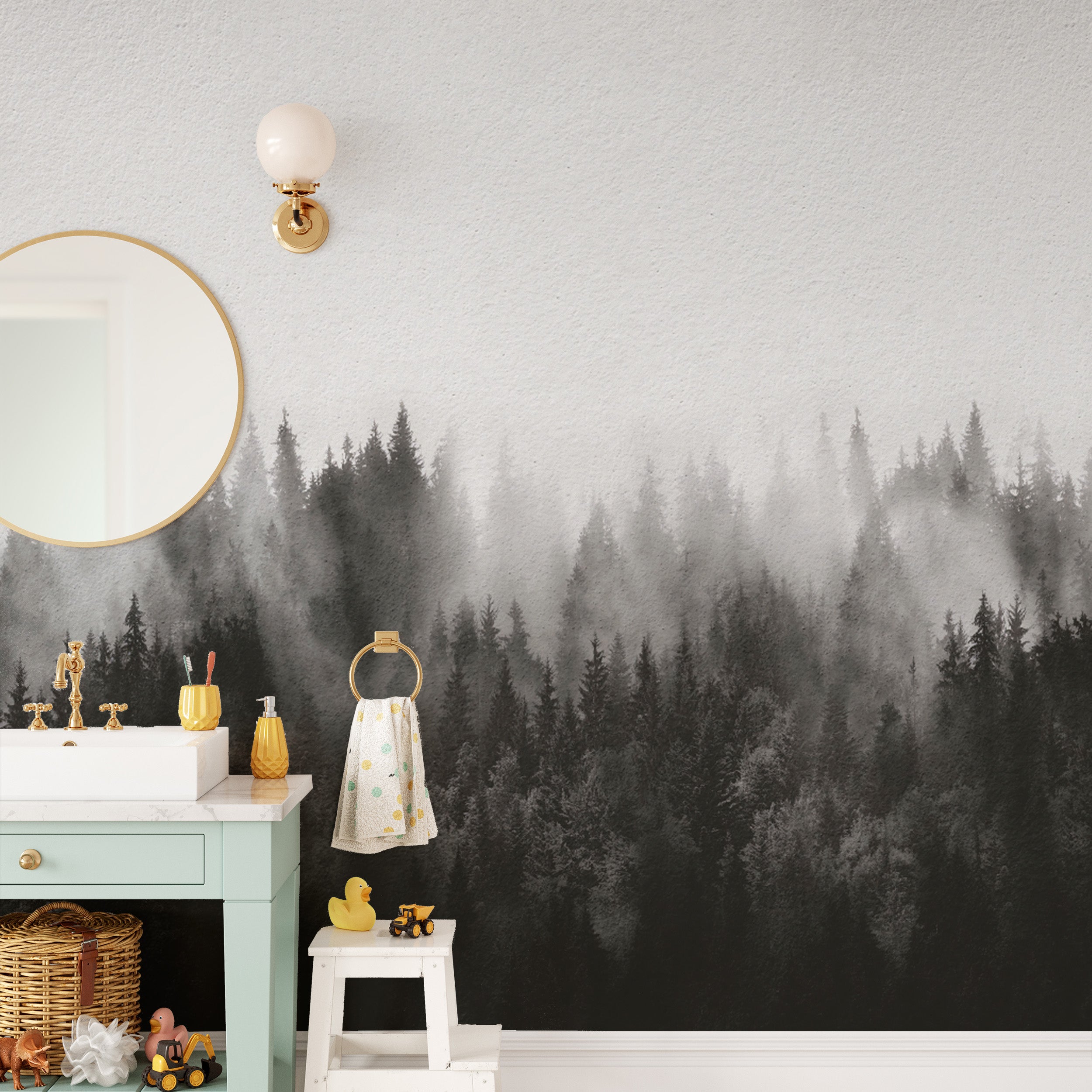 Sophisticated foggy forest mural for a serene wall statement.
