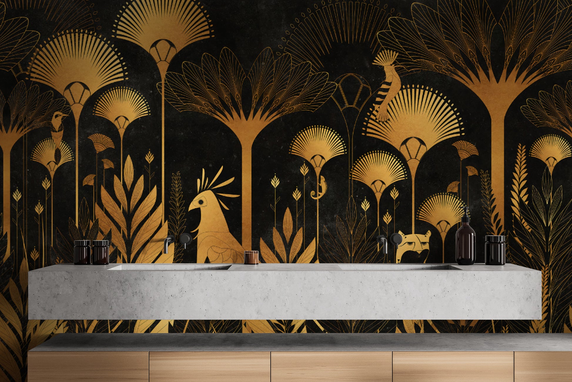 Exotic Animals and Palm Leaves in Luxurious Art Deco Wallpaper
