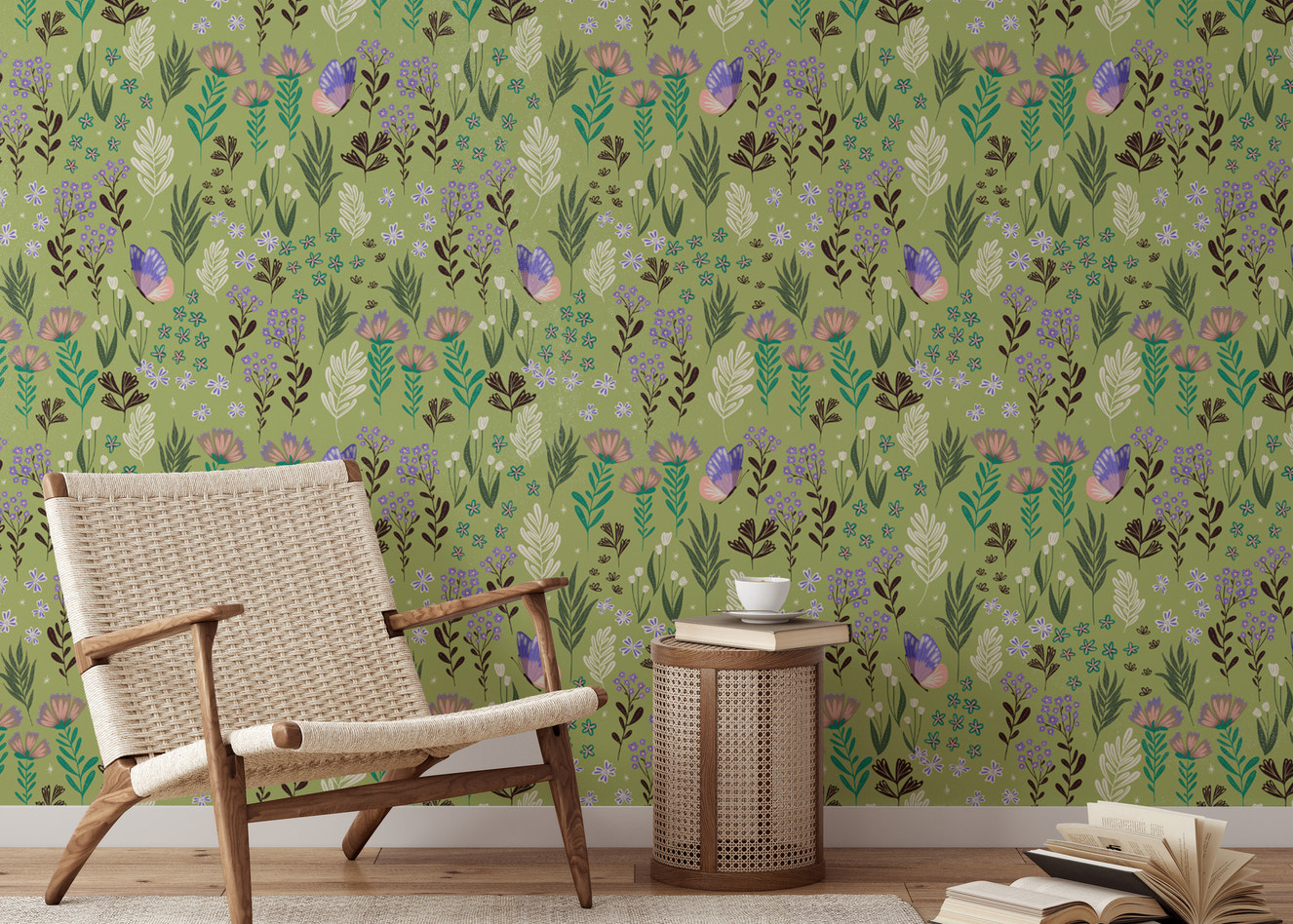 Enchanting butterfly meadow green wallpaper with vibrant hues.