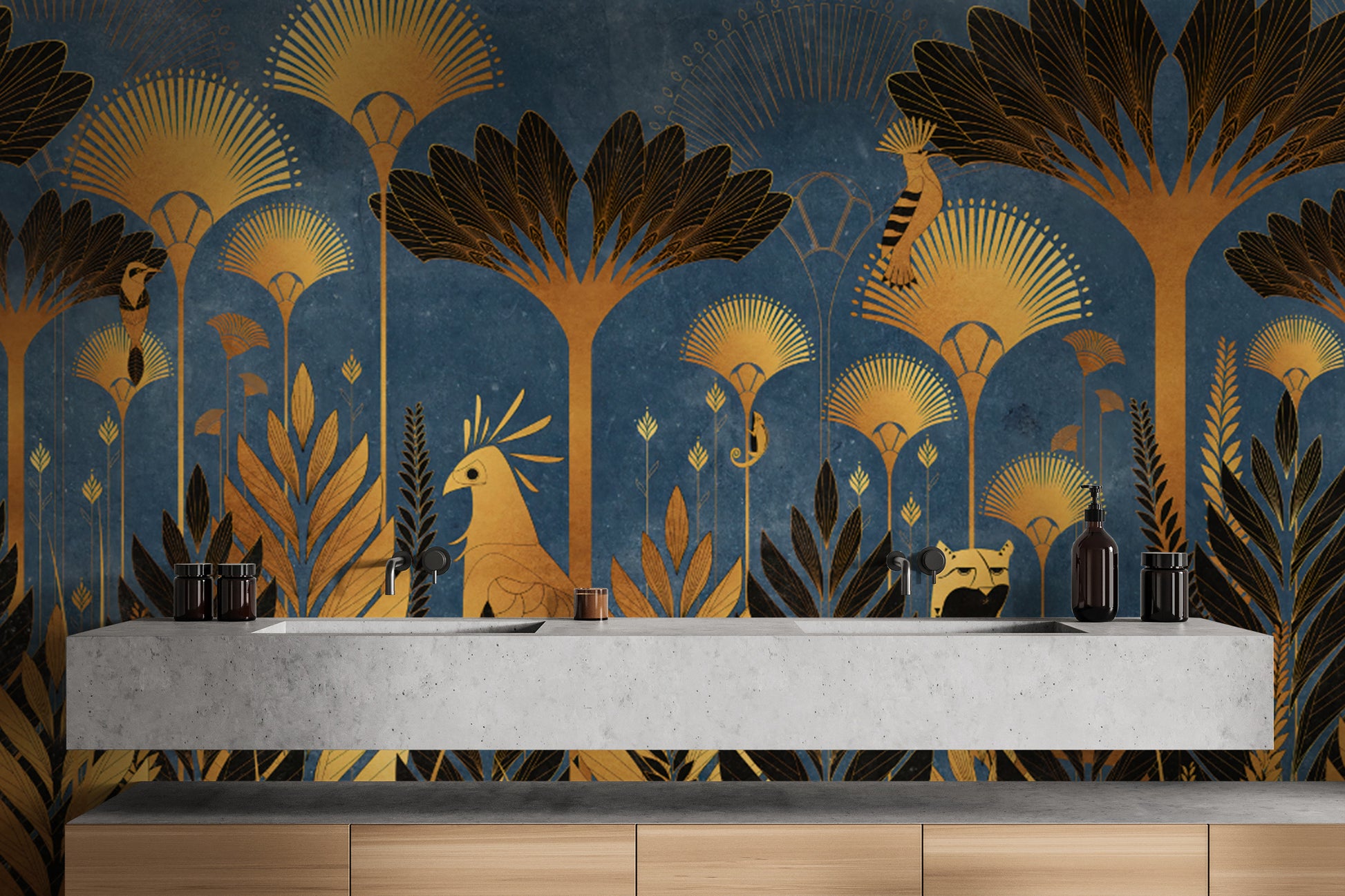 Exotic animals and leaves on blue luxurious jungle wallpaper
