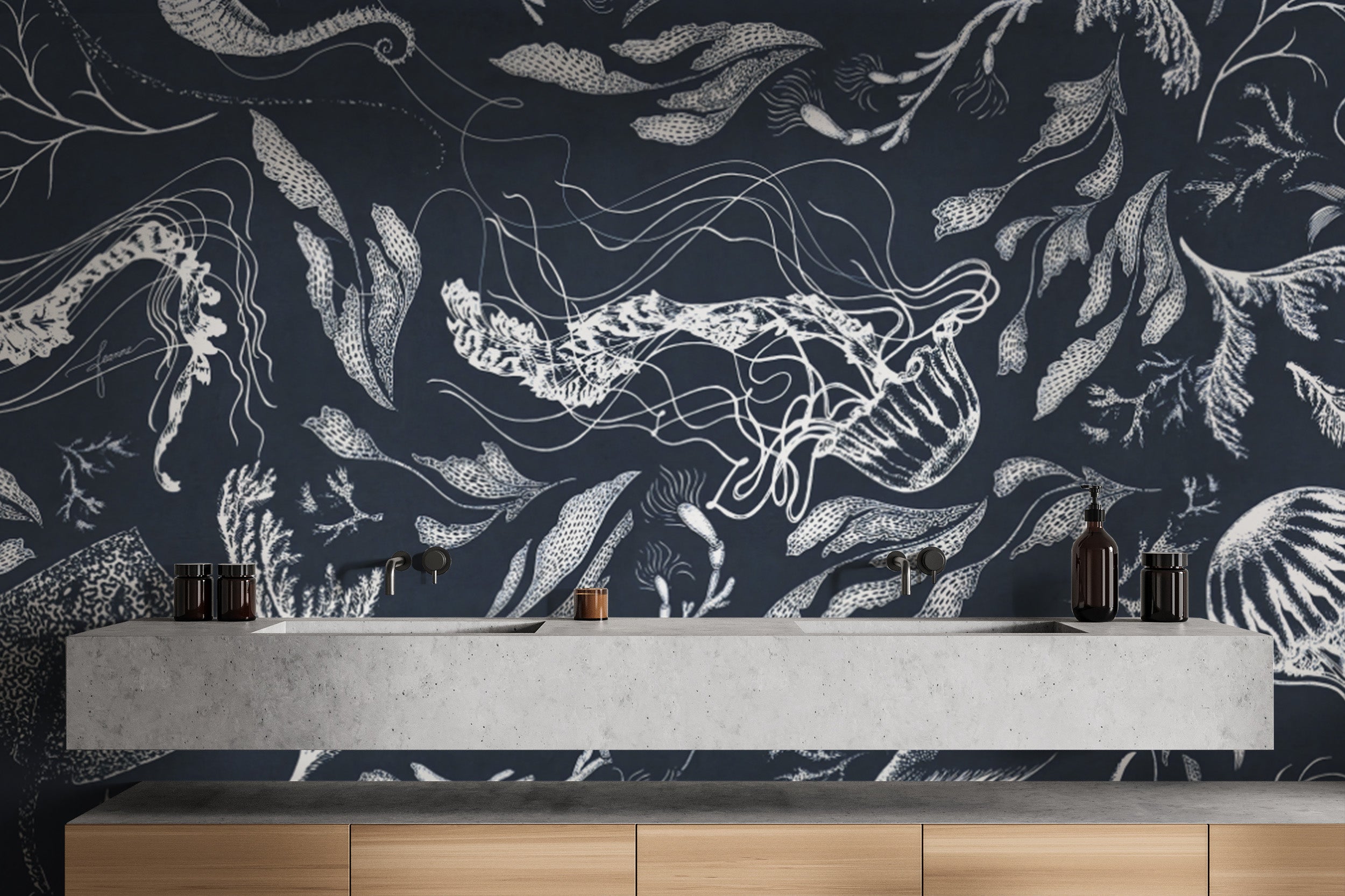 Bold navy marine life wallpaper with fish and intricate seaweed.
