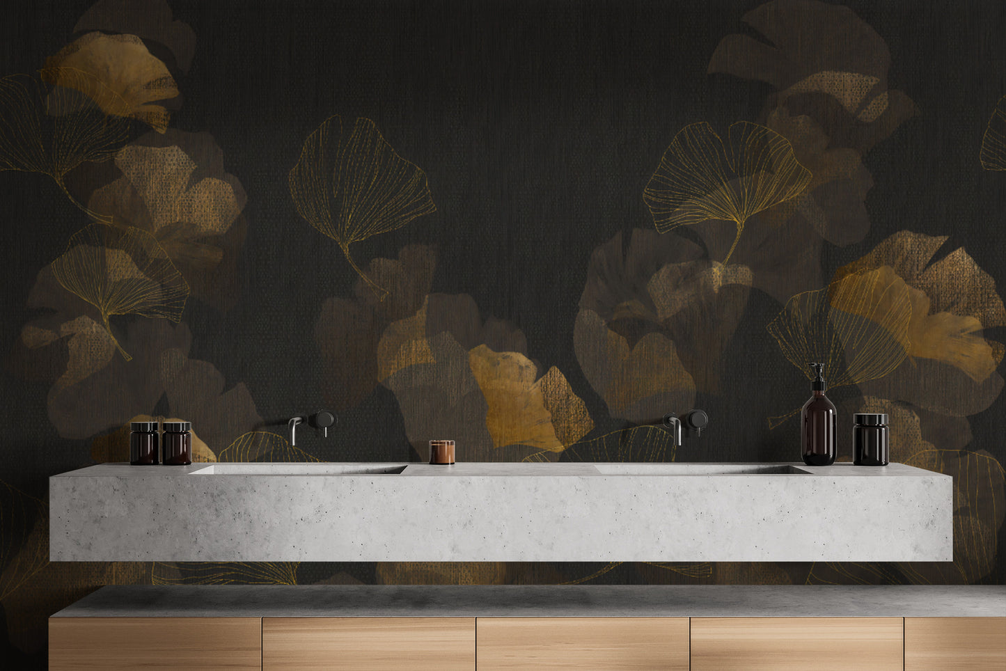 Luxurious black ginkgo wallpaper with soft gold highlights
