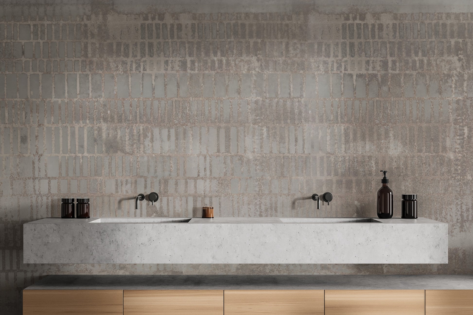 Concrete textured grid pattern wallpaper with neutral tones
