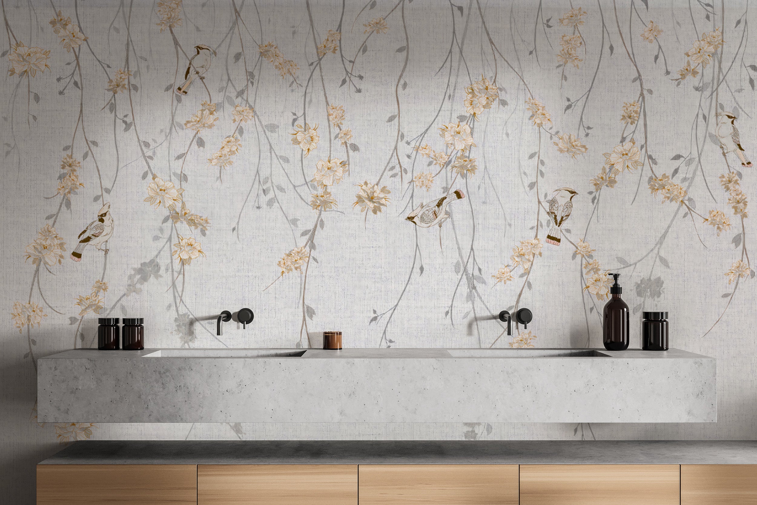 Cascading floral wallpaper with birds and subtle background
