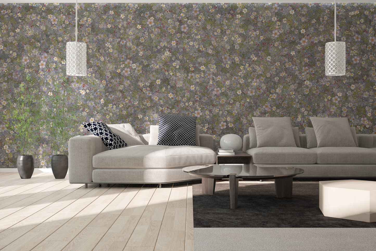 Embroidery Wild Flowers Lila White Wallpaper Murals