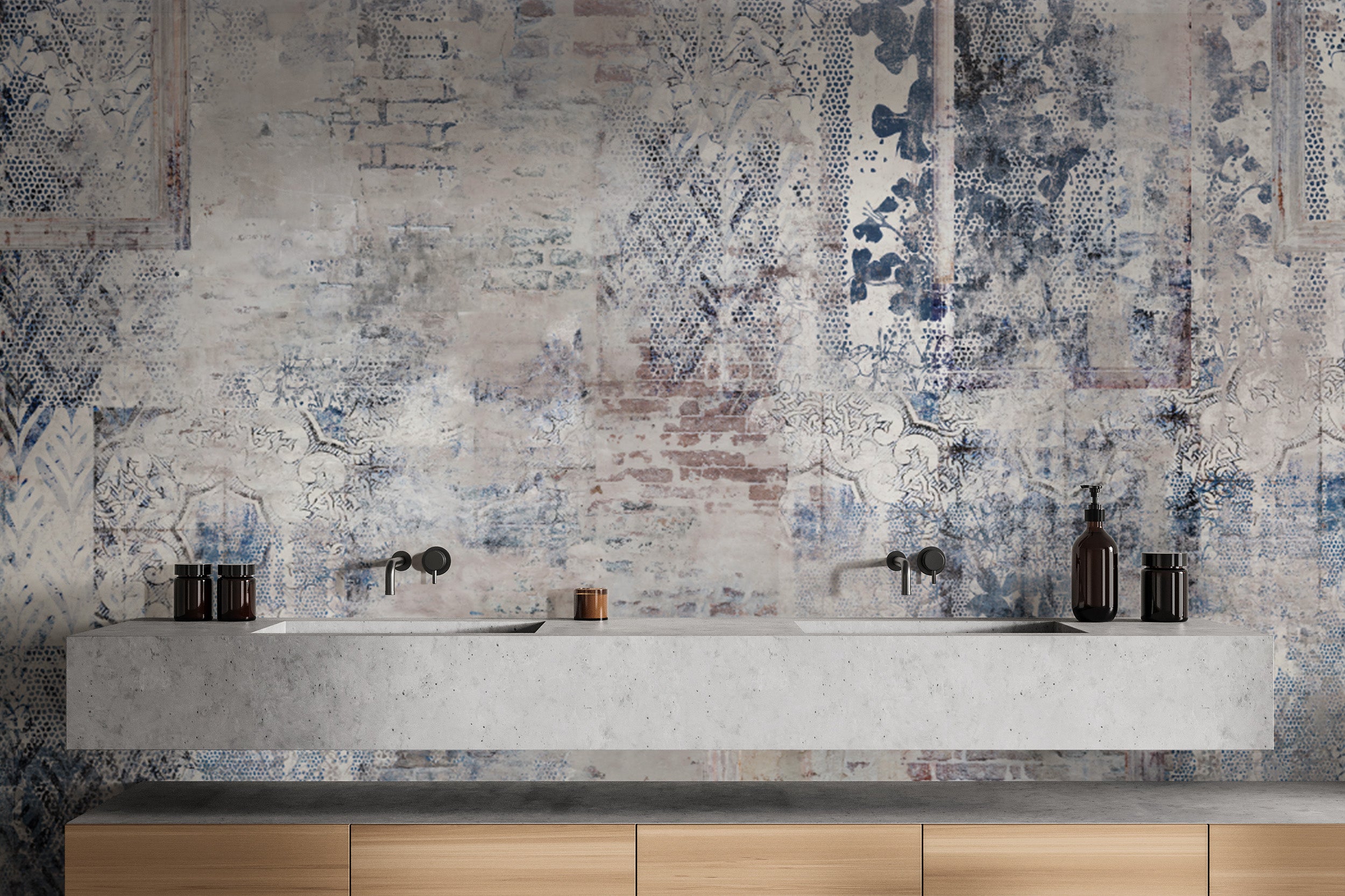 Classic distressed vintage wallpaper with blue tones
