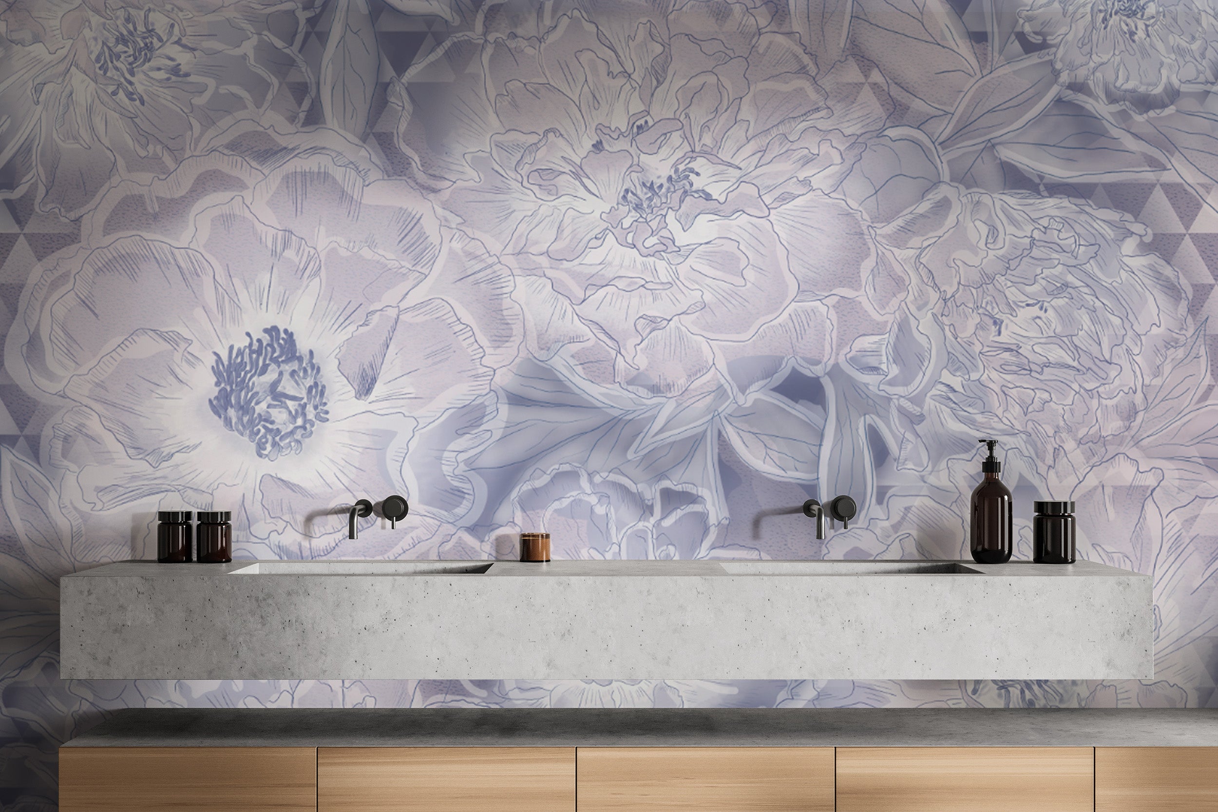 Elegant pastel lavender floral wallpaper with peony patterns
