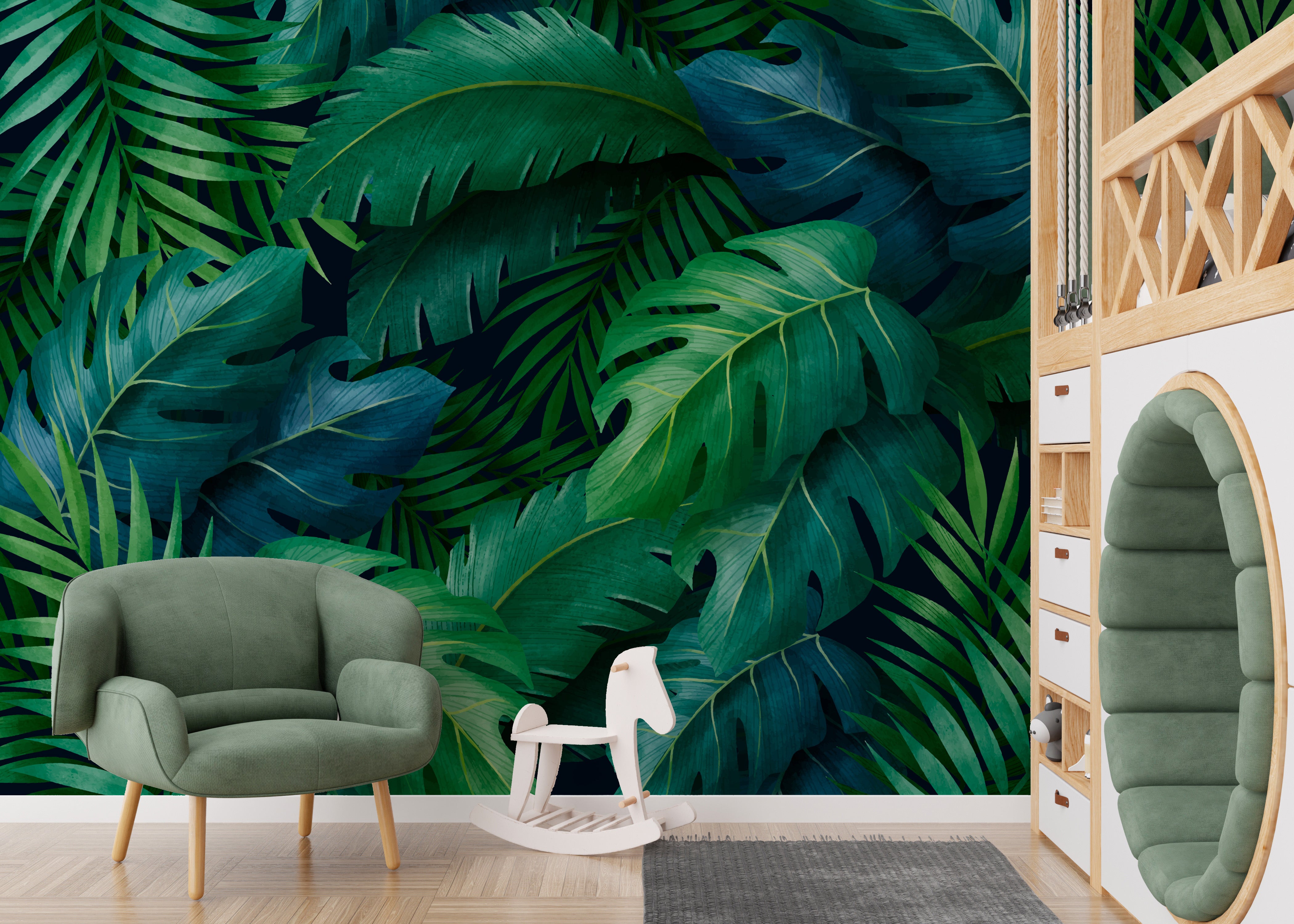 Large tropical leaves wallpaper for a vibrant wall statement.
