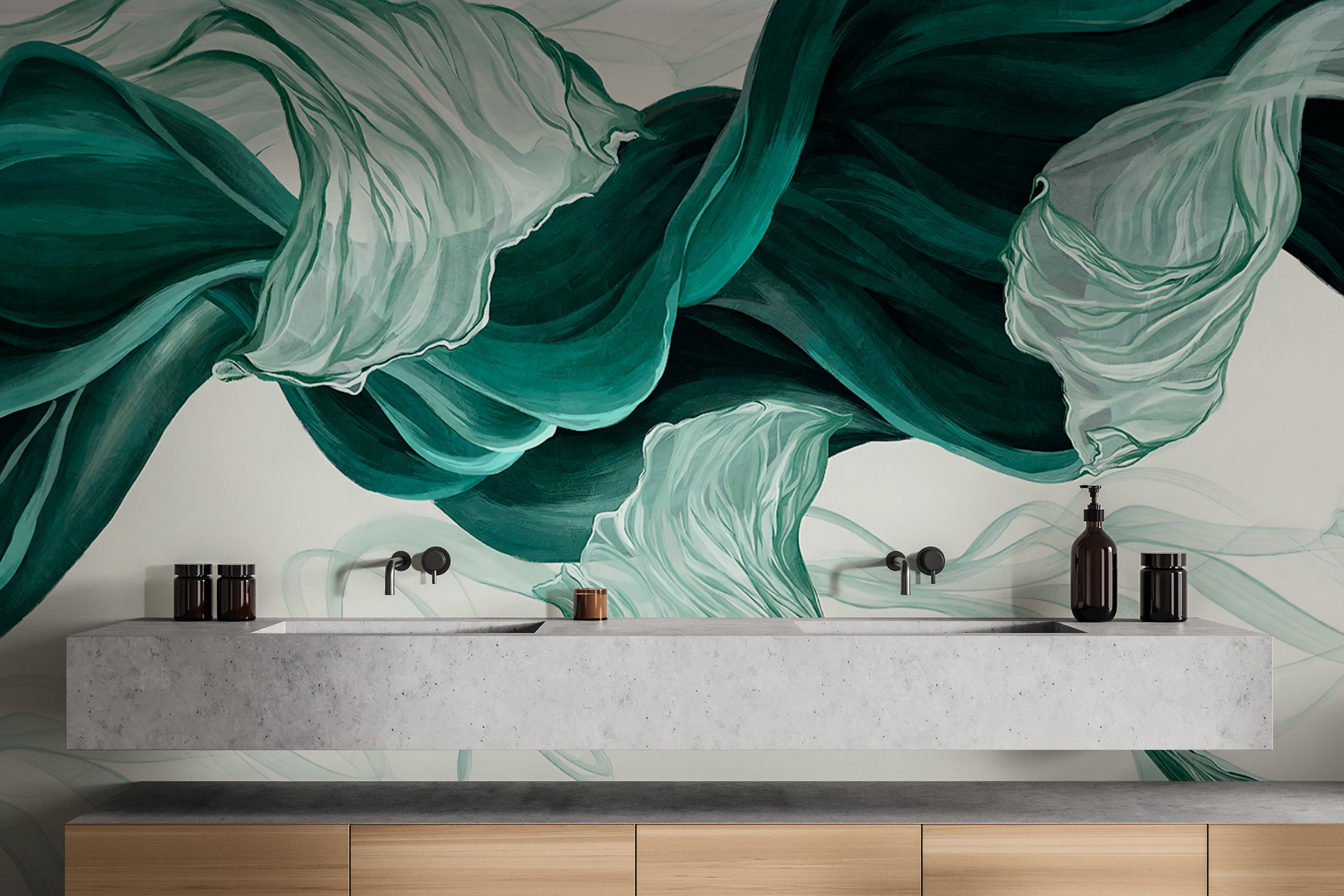 Abstract teal and white fabric wall mural with soft curves
