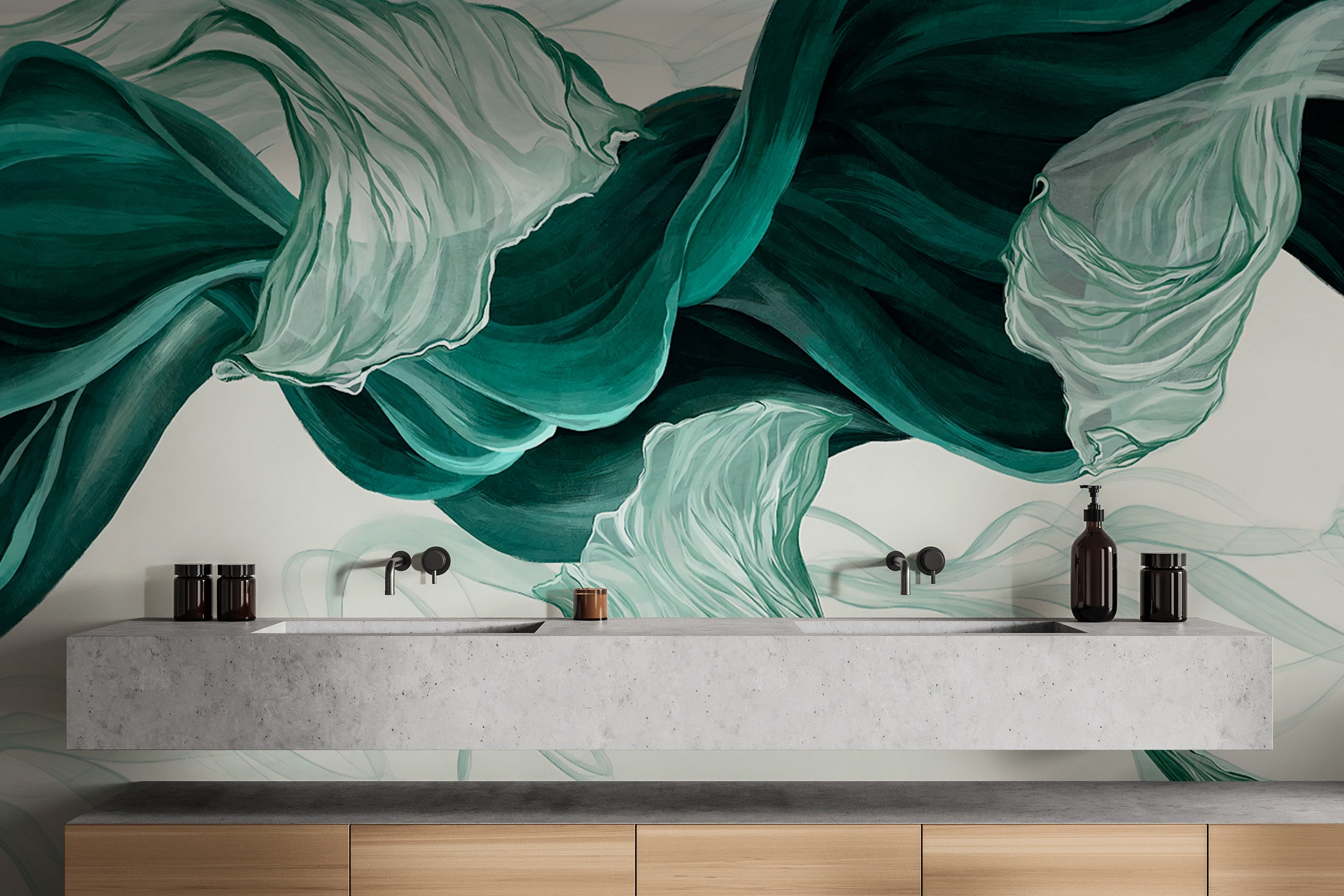 Abstract teal and white fabric wall mural with soft curves
