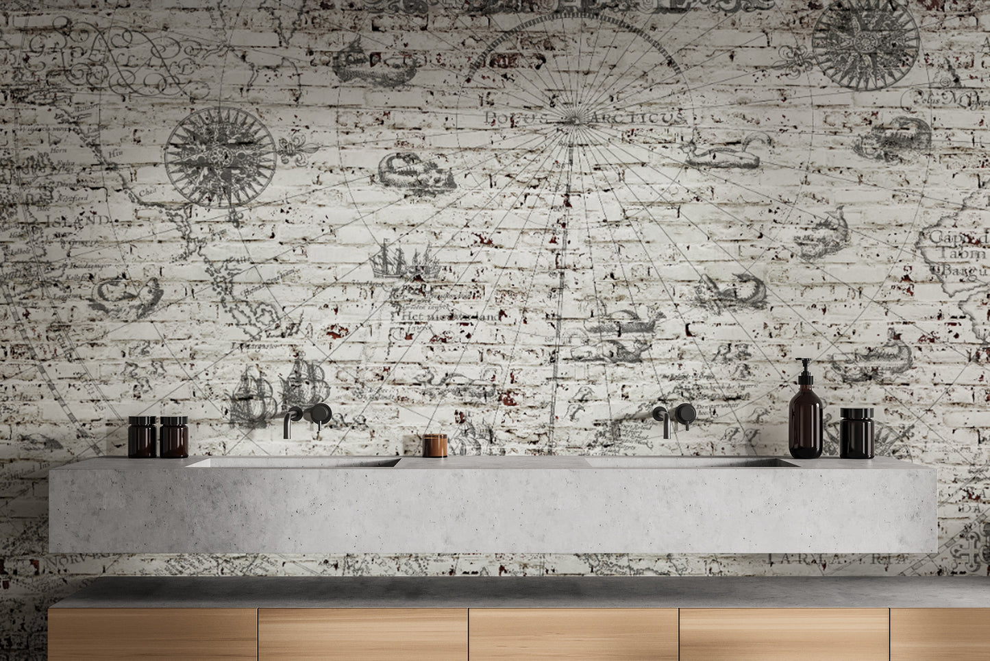 Nautical-themed map wallpaper on textured brick wall
