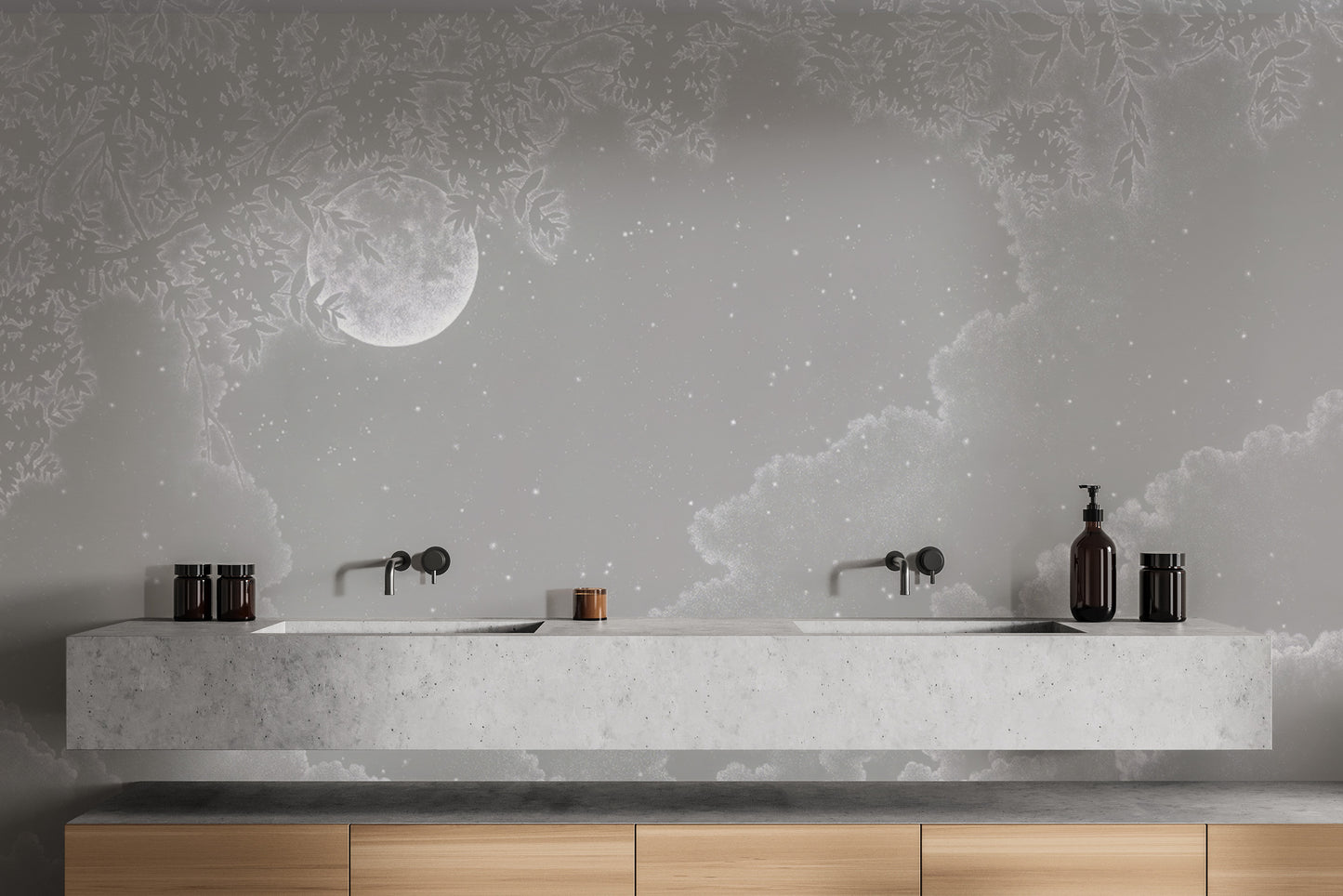 Moon and stars night sky mural for a peaceful ambiance
