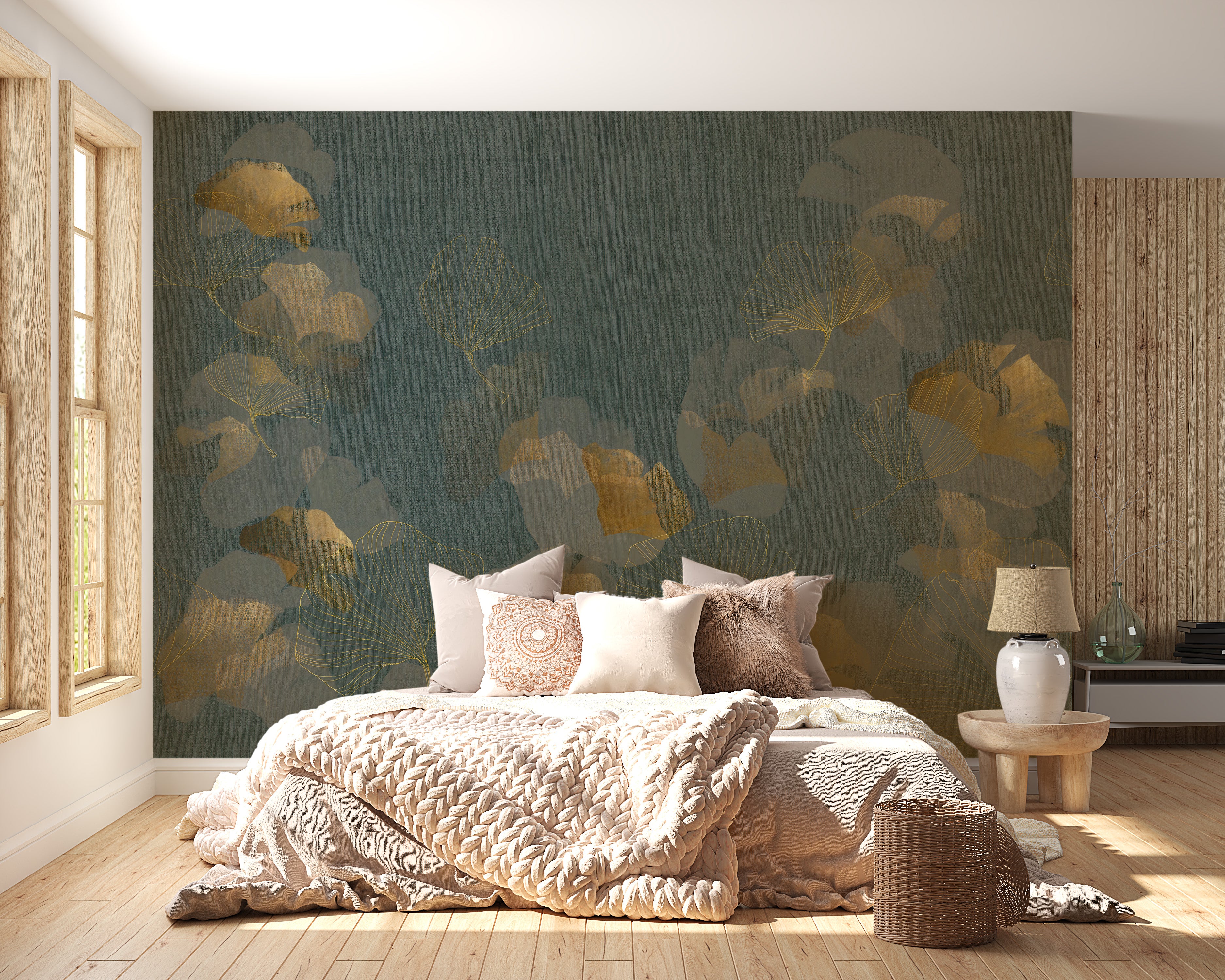 Contemporary wallpaper mural featuring golden leaf details
